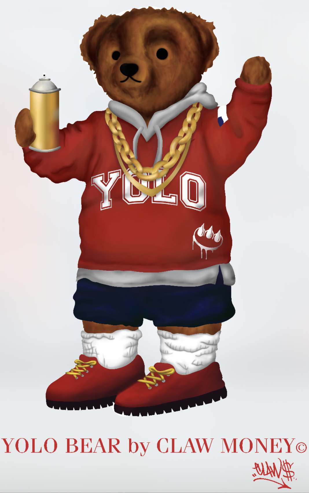 A cartoon bear dressed in streetwear, wearing a red hoodie with 'YOLO' written on it, gold chains, shorts, and red sneakers, holding a spray paint can.