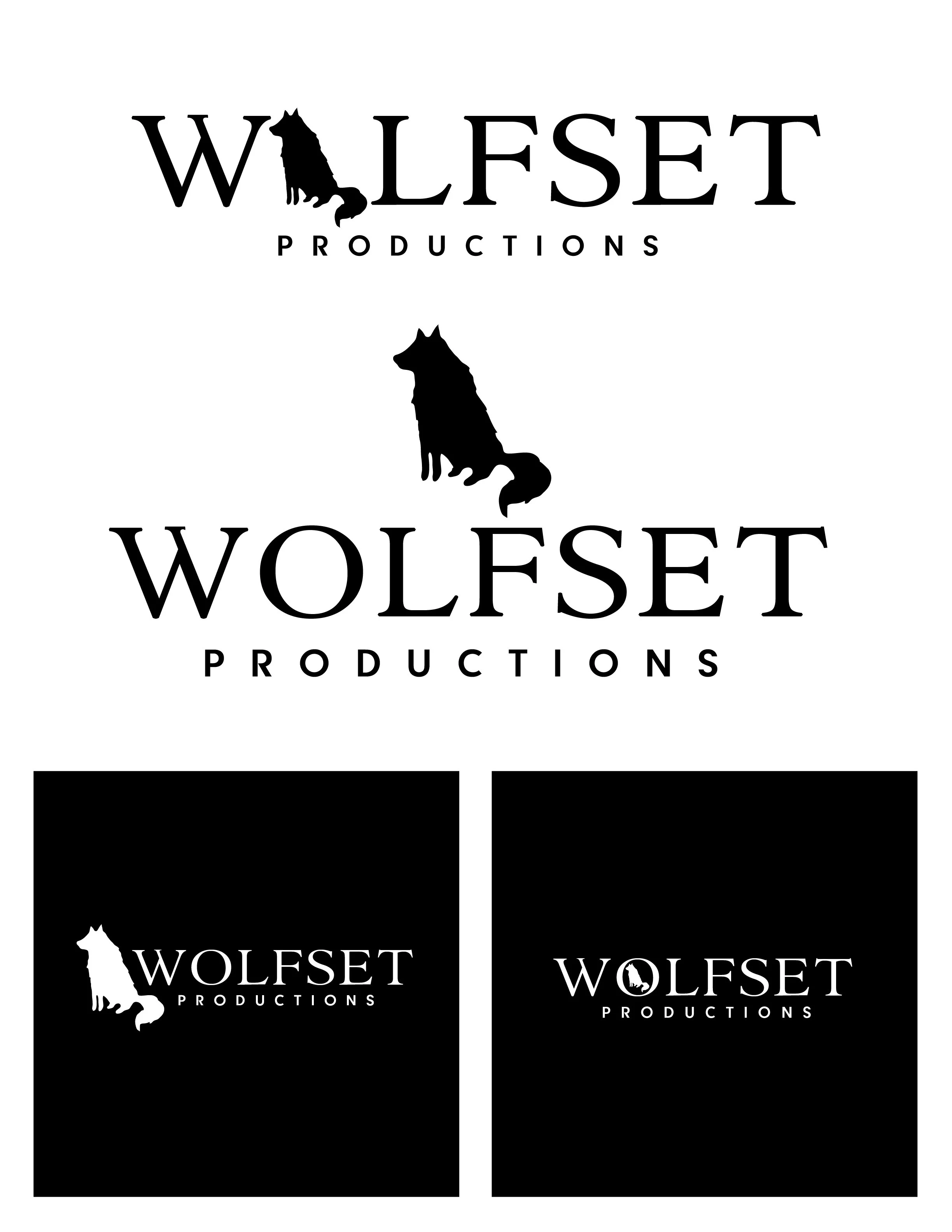 Logo designs for Wolfset Productions featuring silhouettes of a wolf and a howling wolf, displayed in black and white.