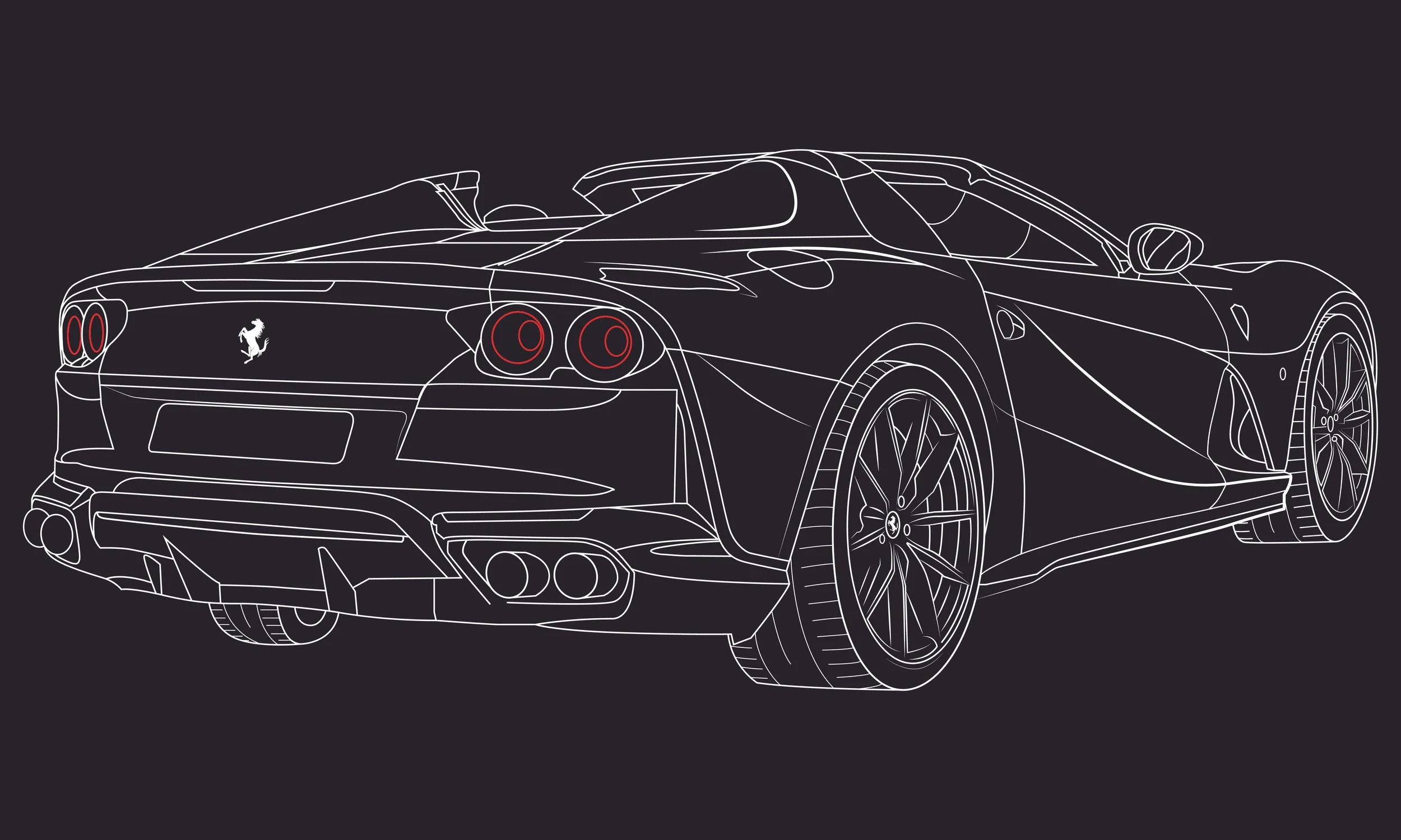 Line art illustration of a black Ferrari sports car on a dark background, showing the rear and side view with detailed wheels, tail lights, and interior.