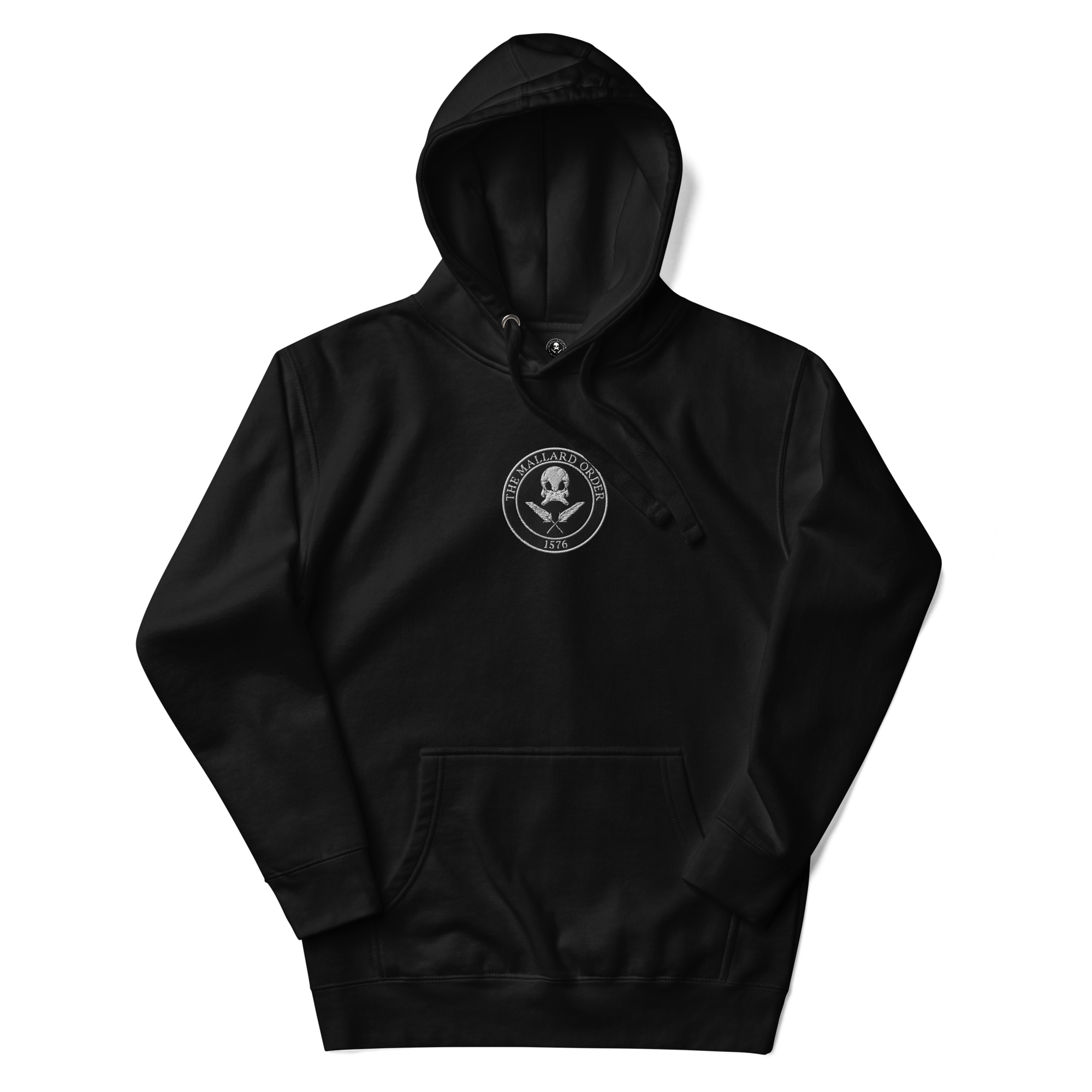 Black hoodie with a skull emblem and crossed knives, featuring the text 'The Mallard Order 1576' around the emblem.