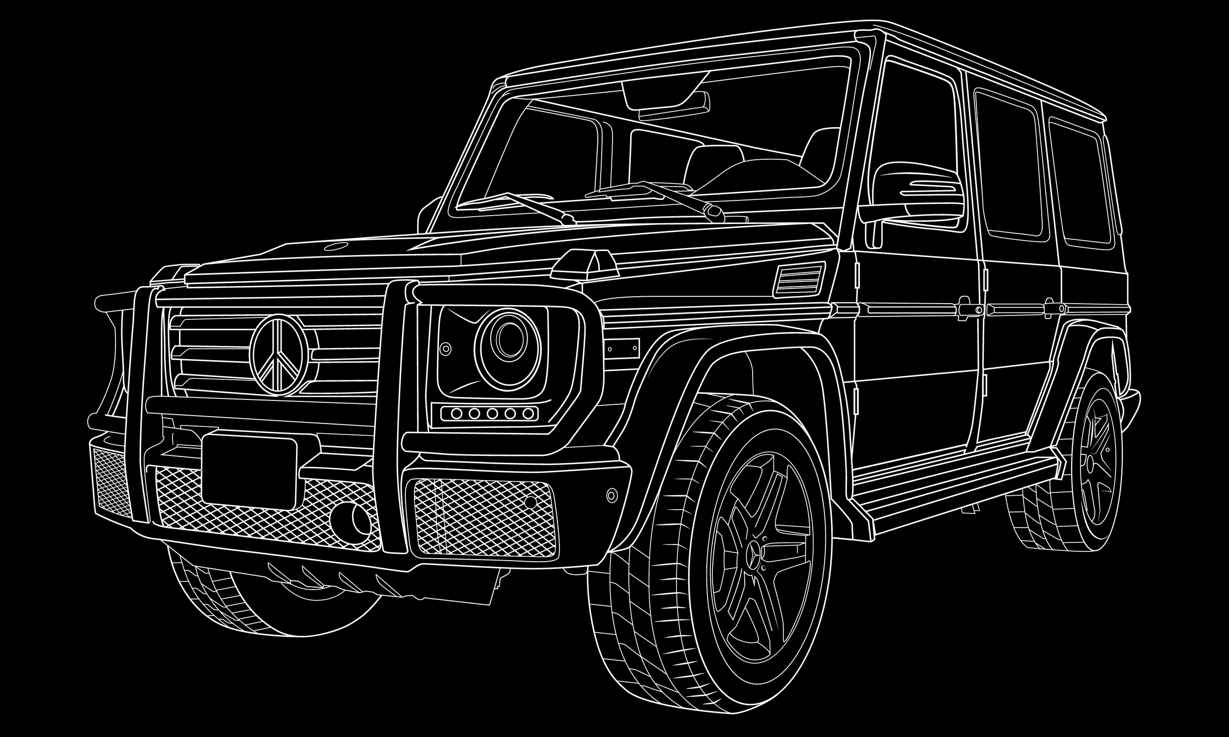 Outline drawing of a Mercedes-Benz G-Class SUV on a black background.