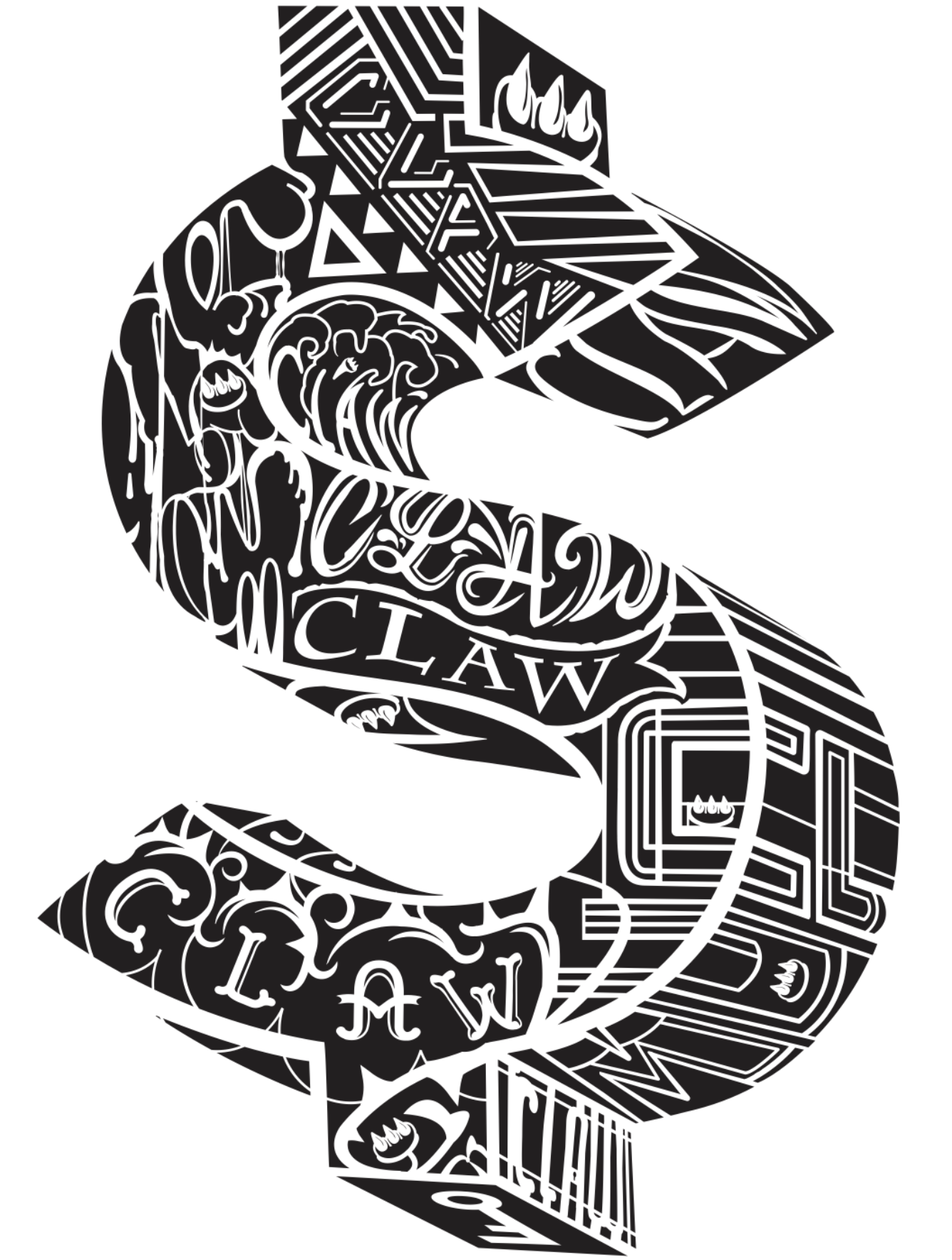 Black and white stylized letter 'S' composed of various graphic elements and text, including the words 'LAW' and other abstract designs.
