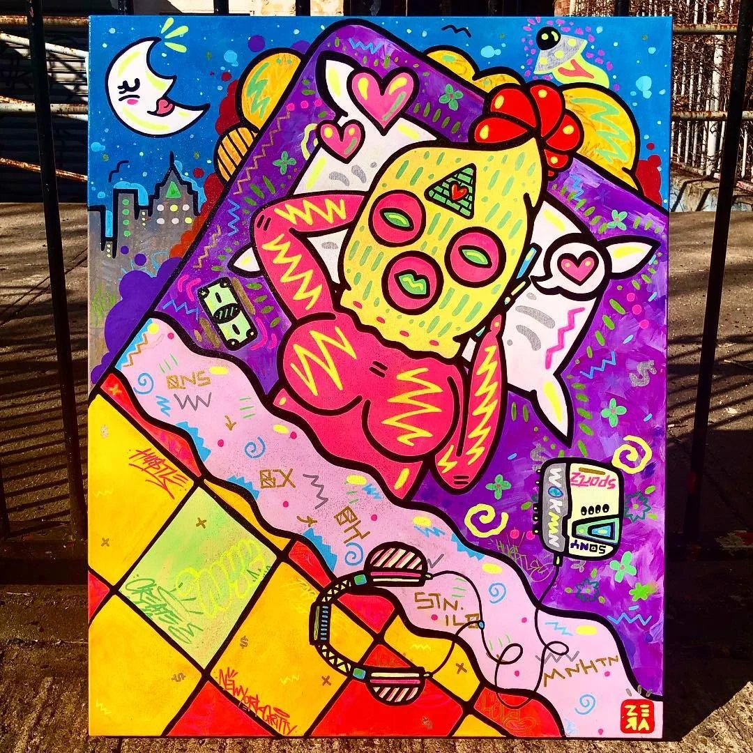 Colorful graffiti art depicting a cartoon-style person with pink lips, big round glasses, and hair tied with a red bow, lying on a bed with a pillow and cat. The background shows city buildings, a moon with a face, and various abstract shapes and pat