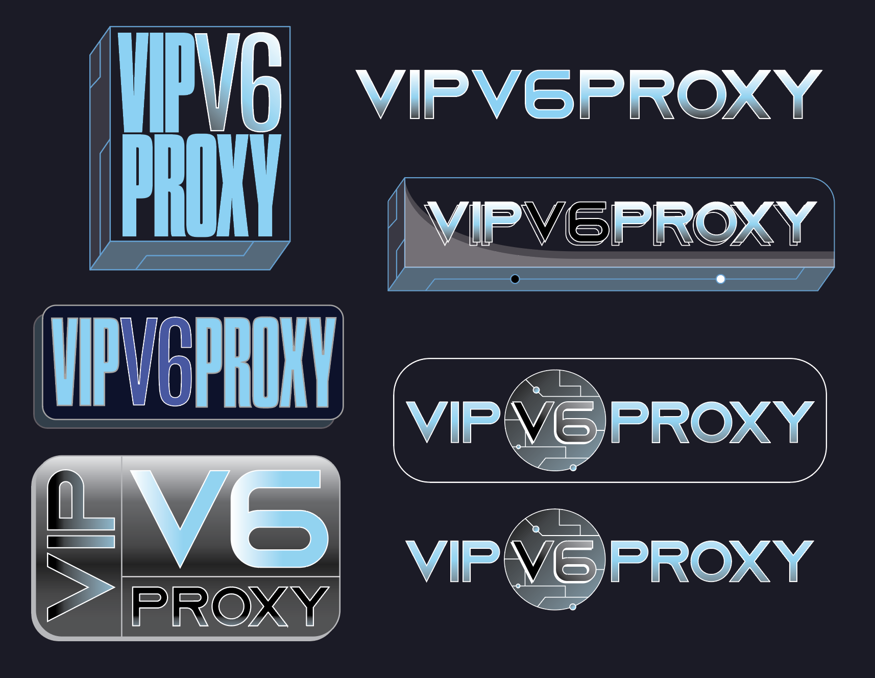 Collection of six different graphic logos for 'VIP V6 Proxy' in varying styles, colors, and designs.