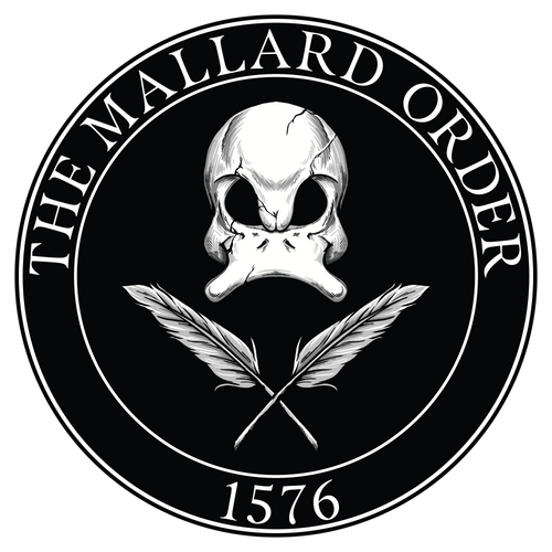 A circular emblem featuring a skull in the center, with the text 'The Mallard Order' and the year 1576 around the border. Two crossed feathers are beneath the skull.