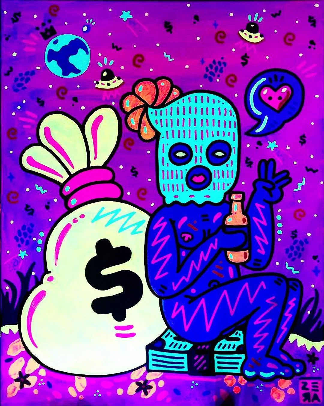A colorful cartoon-style illustration of a skeleton with a bun on its head, sitting on a crate, holding a beer bottle, and making a peace sign with its right hand. There is a large money bag with a dollar sign in front of the skeleton, with a heart-s