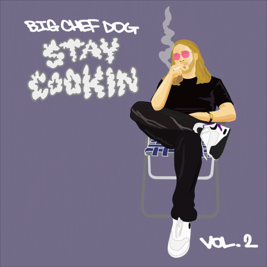 Illustration of a woman sitting on a chair with crossed legs, wearing sunglasses, a black t-shirt, black pants, and white sneakers. She is smoking a cigarette with smoke rising. The background is purple with text that reads 'Big Chief Dog', 'Stay Coo