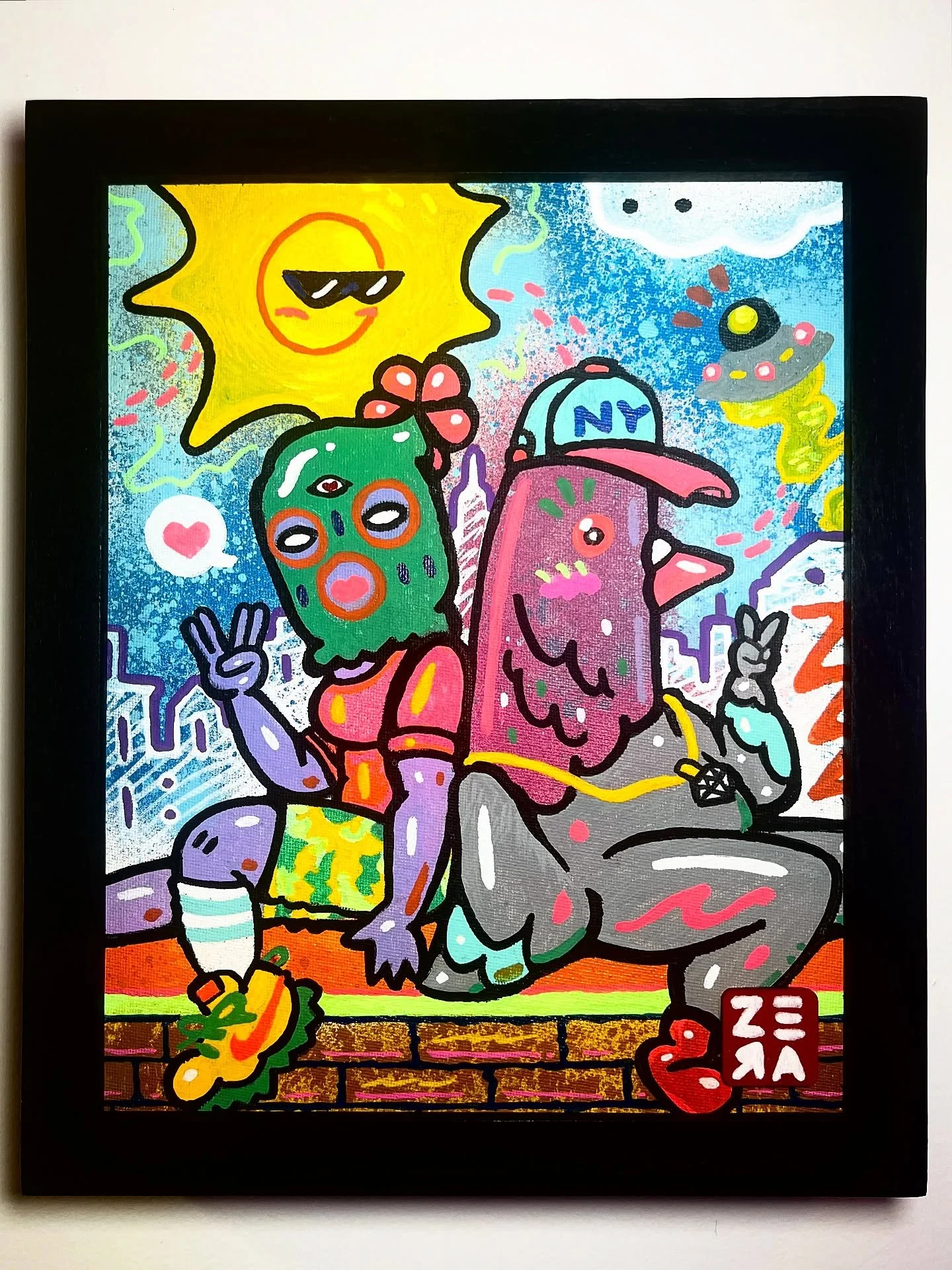 Colorful illustration of two anthropomorphic characters with animal and fantasy features sitting on a brick wall, surrounded by a bright blue sky with a smiling sun wearing sunglasses, a cloud, a UFO, and other whimsical elements.