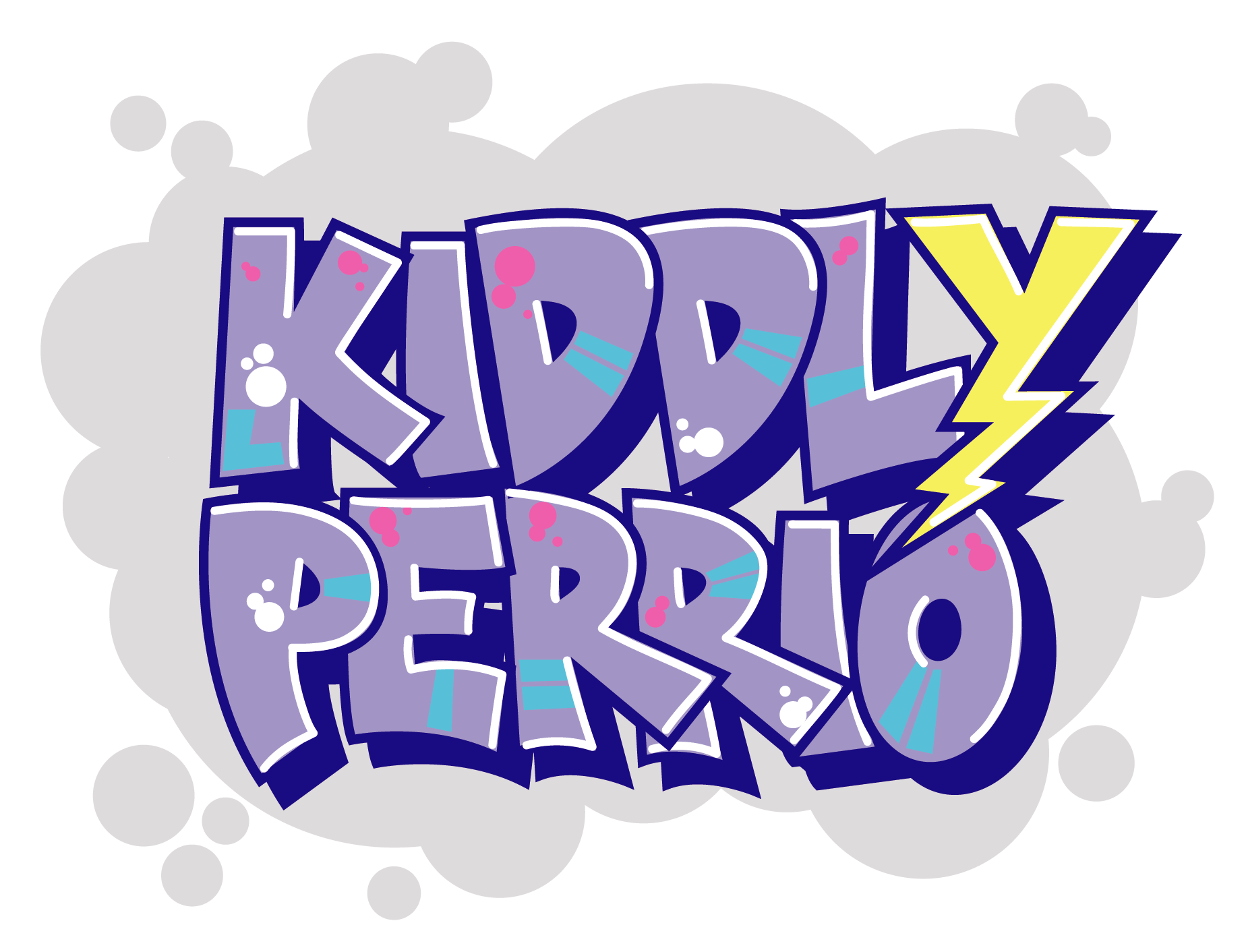 Graffiti-style text reading 'Kiddy Perro' with a yellow lightning bolt and pink and blue accents on a gray cloud background.