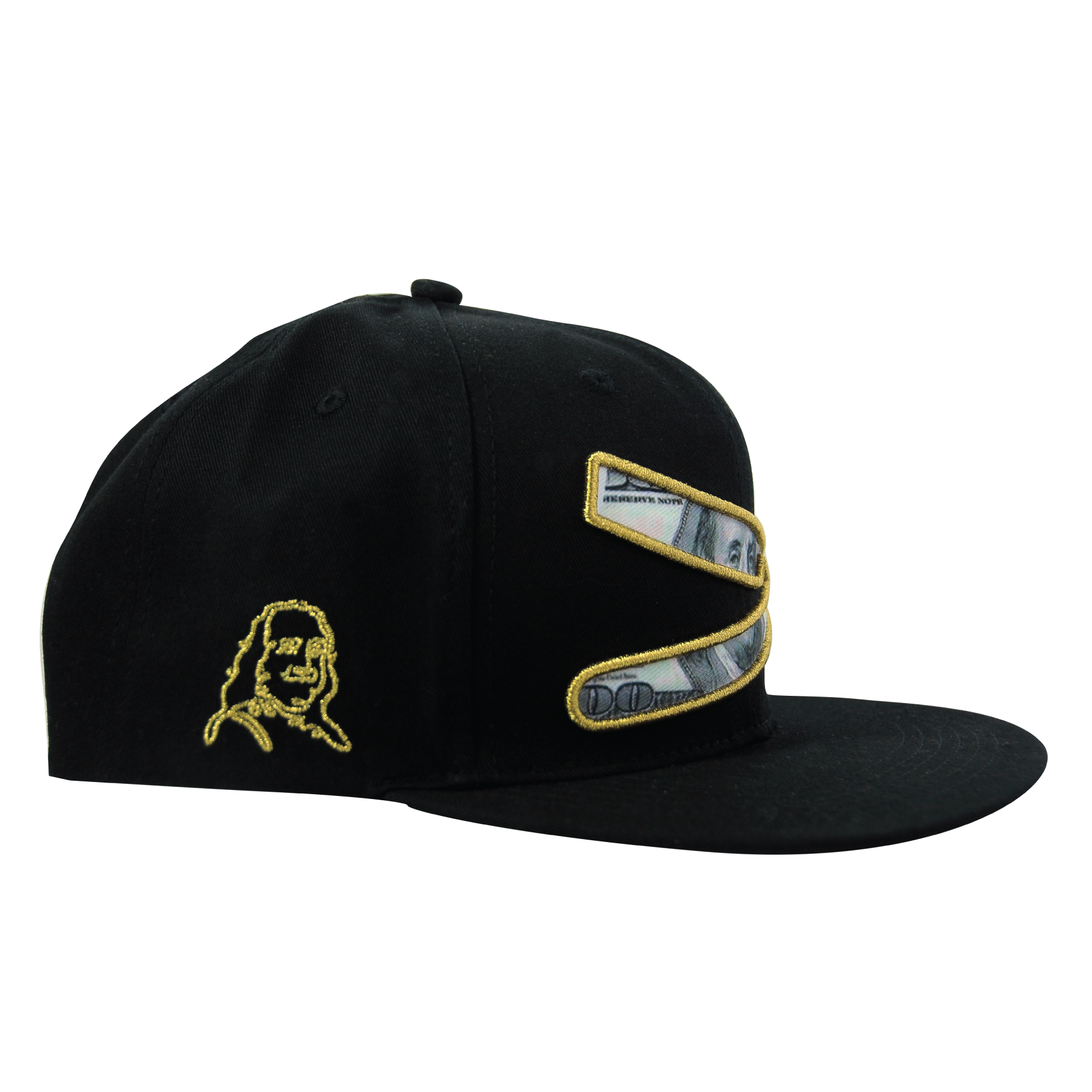 Black baseball cap with embroidered gold outline of a face on the side and patches resembling dollar bills with gold trim on the front.