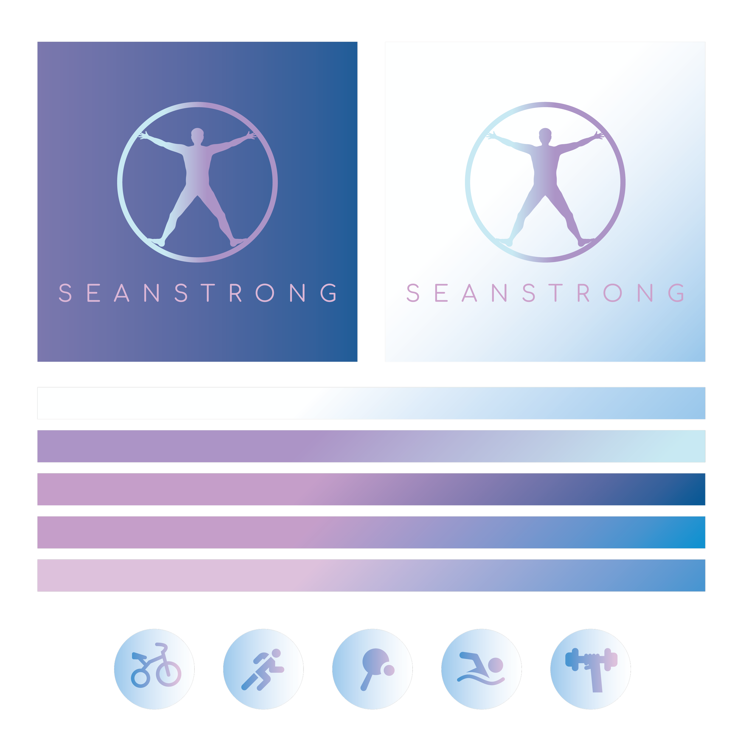 Fitness app interface with options for cycling, running, walking, swimming, and weightlifting, featuring a logo with a human figure inside a circle and the text 'SEANSTRONG'.