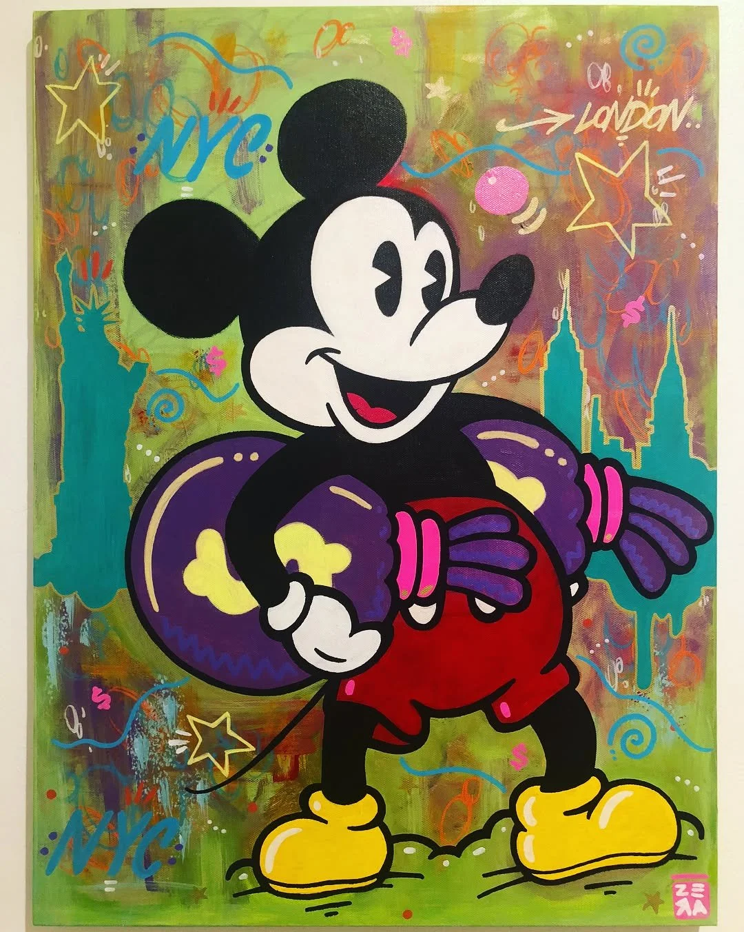Colorful graffiti art of Mickey Mouse with fireworks and skyline in the background, featuring the words NYC and London.