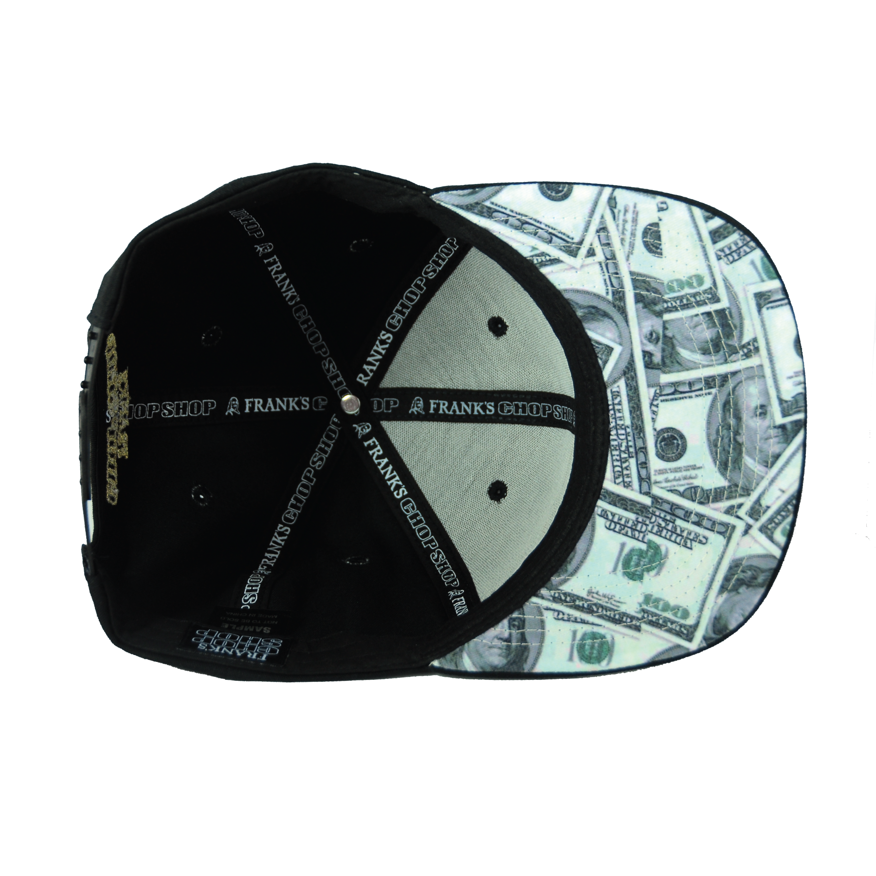 Inside of a baseball cap with dollar bill pattern on the brim.