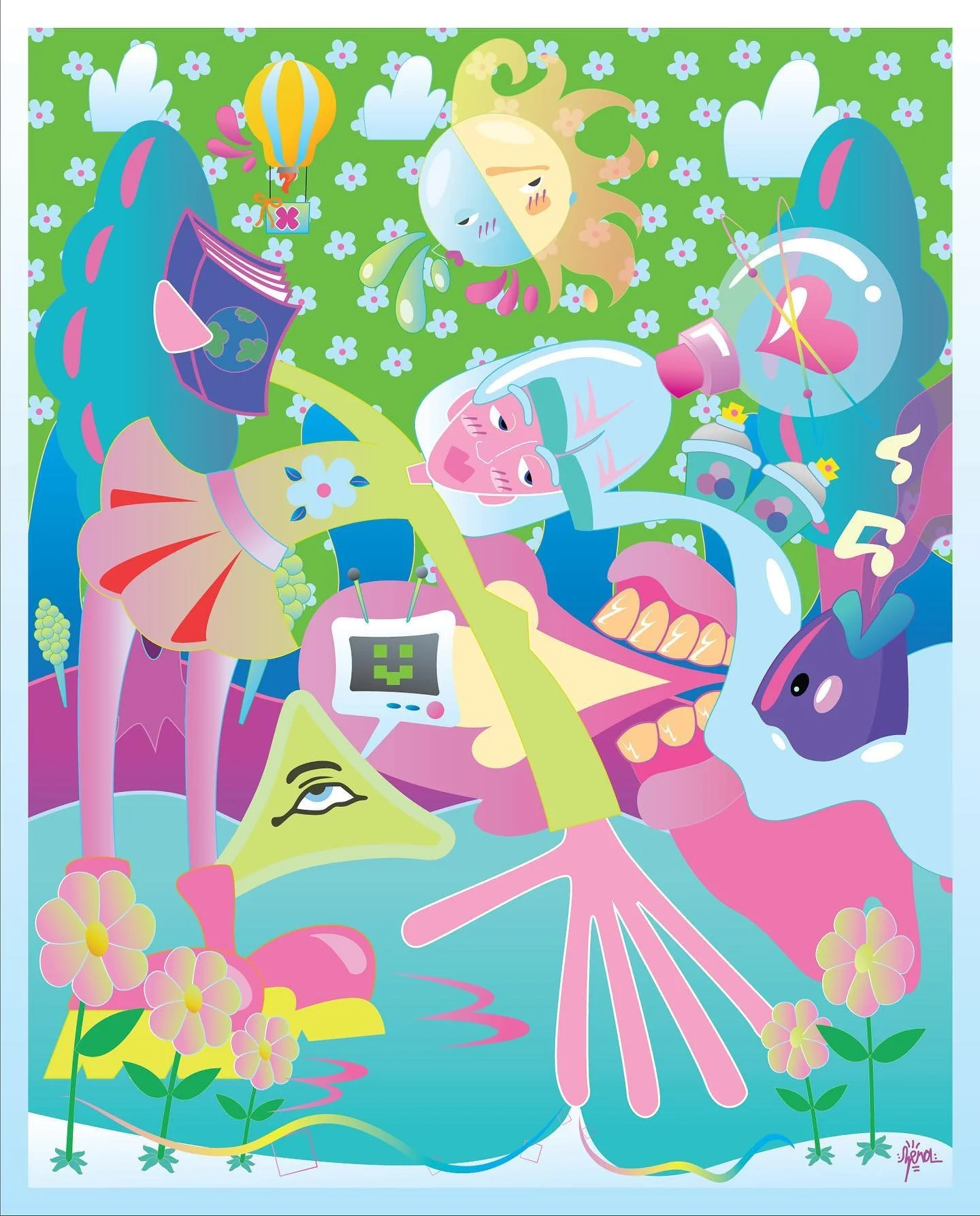 Colorful cartoon scene with a girl in a yellow dress and pink shoes, a purple bird, a blue fish with pink markings, and a yellow triangle with a face, set in a whimsical landscape with flowers, clouds, and abstract shapes.