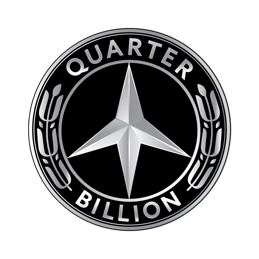 A circular emblem with the words 'Quarter Billion' surrounding a star and wheat ear design, in black, gray, and white tones.