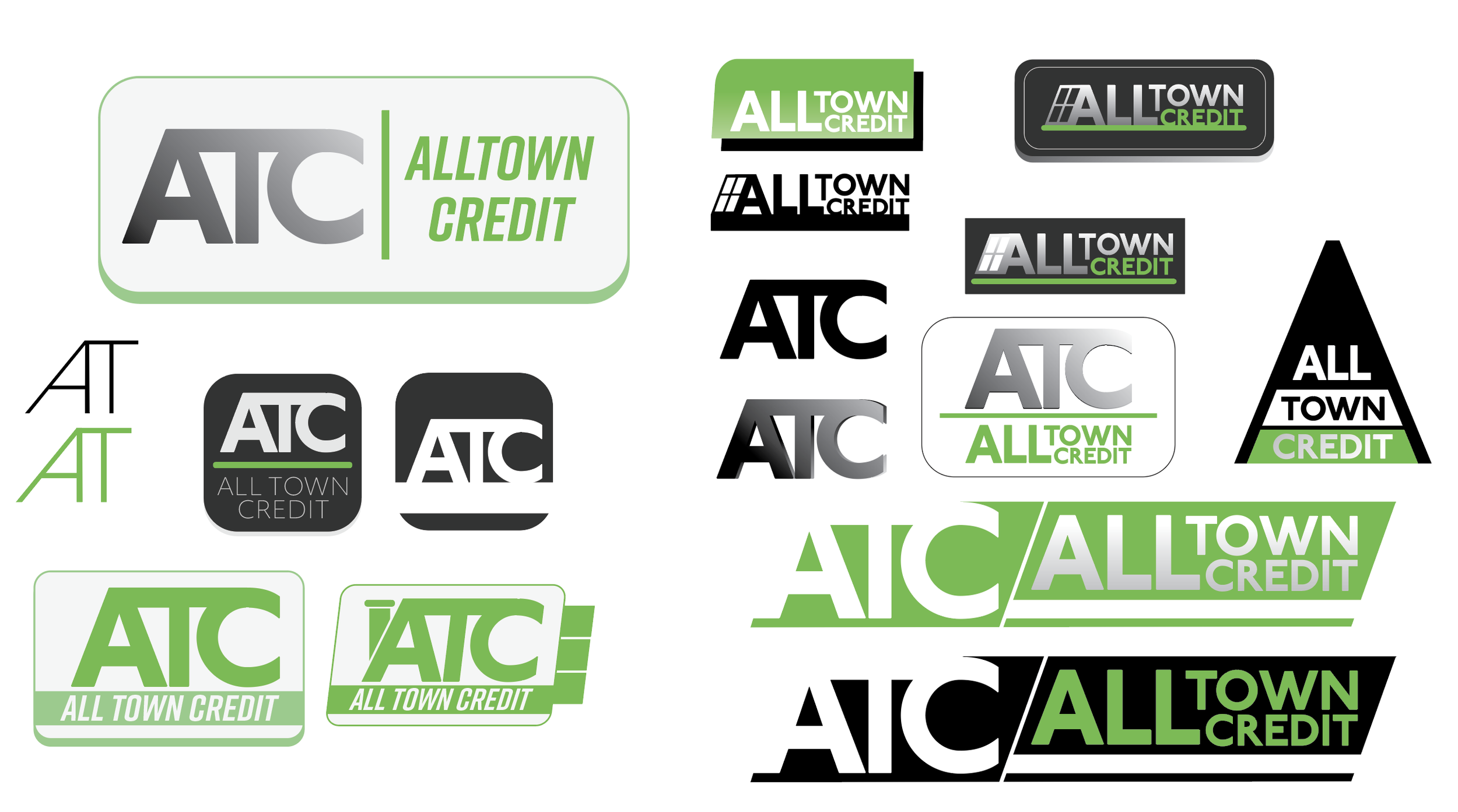 Various black, gray, and green logos for All Town Credit, featuring the initials 'AIC' and different arrangements of the brand name.