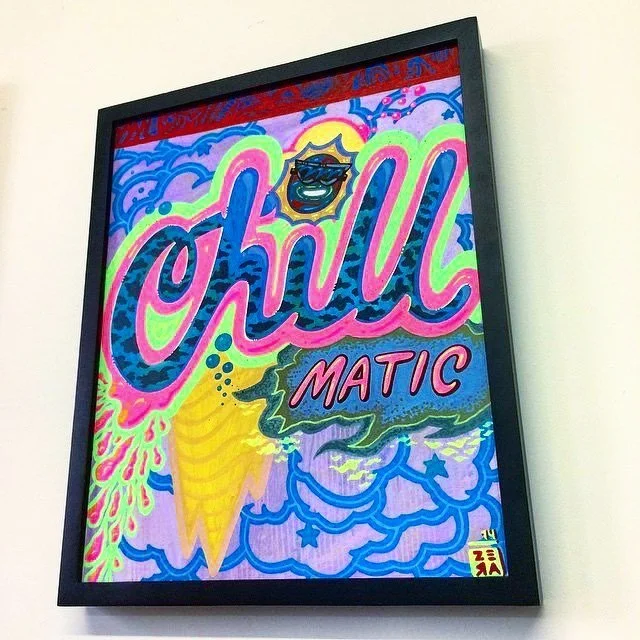 Colorful neon-style artwork featuring the phrase 'Chill Matic' in bold, stylized letters with abstract shapes, bubbles, and a smiling face with sunglasses at the top.