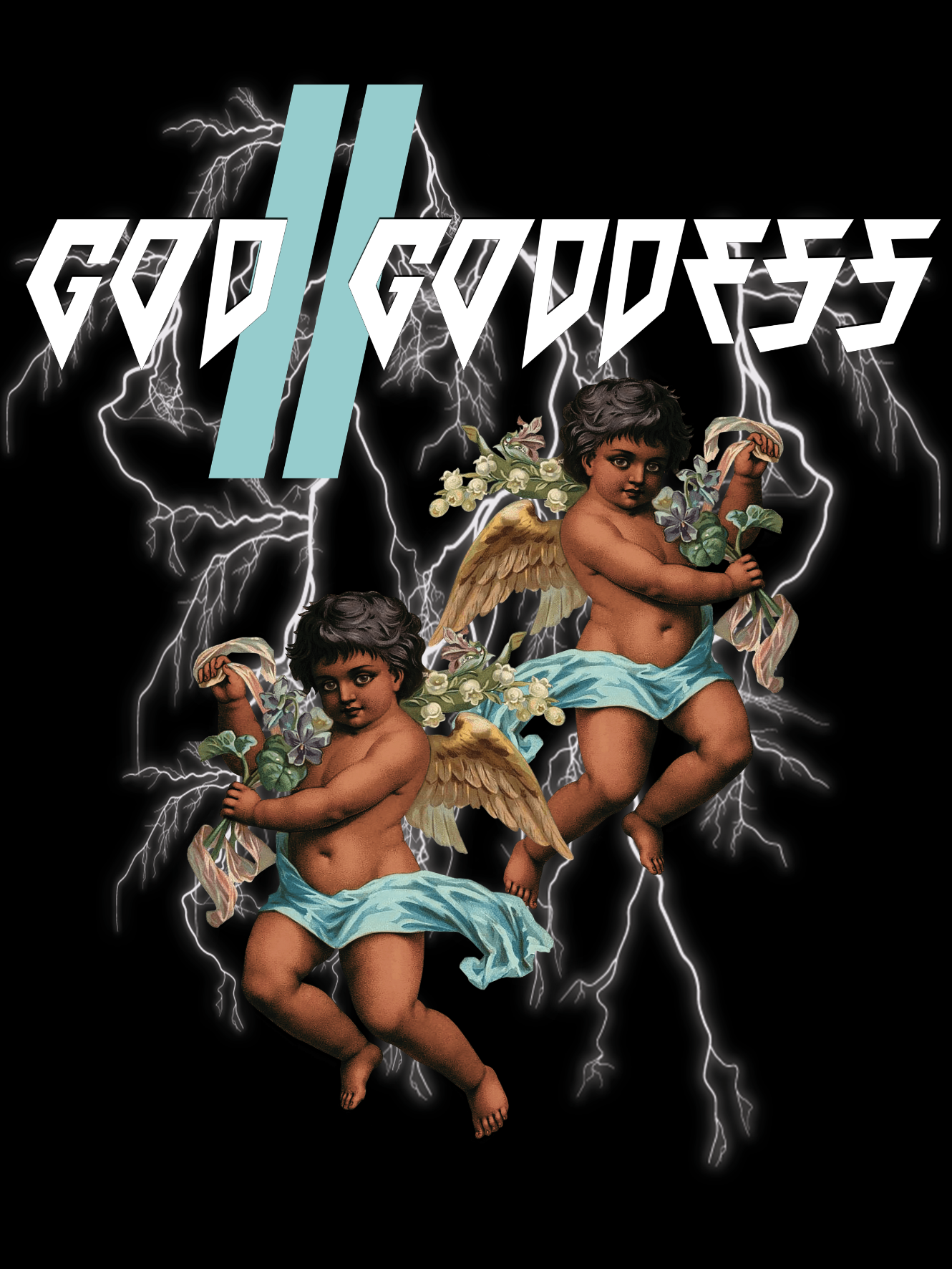 Two cherubic children with wings, holding flowers, surrounded by lightning bolts, with the words 'God / Ghost' in stylized text at the top.