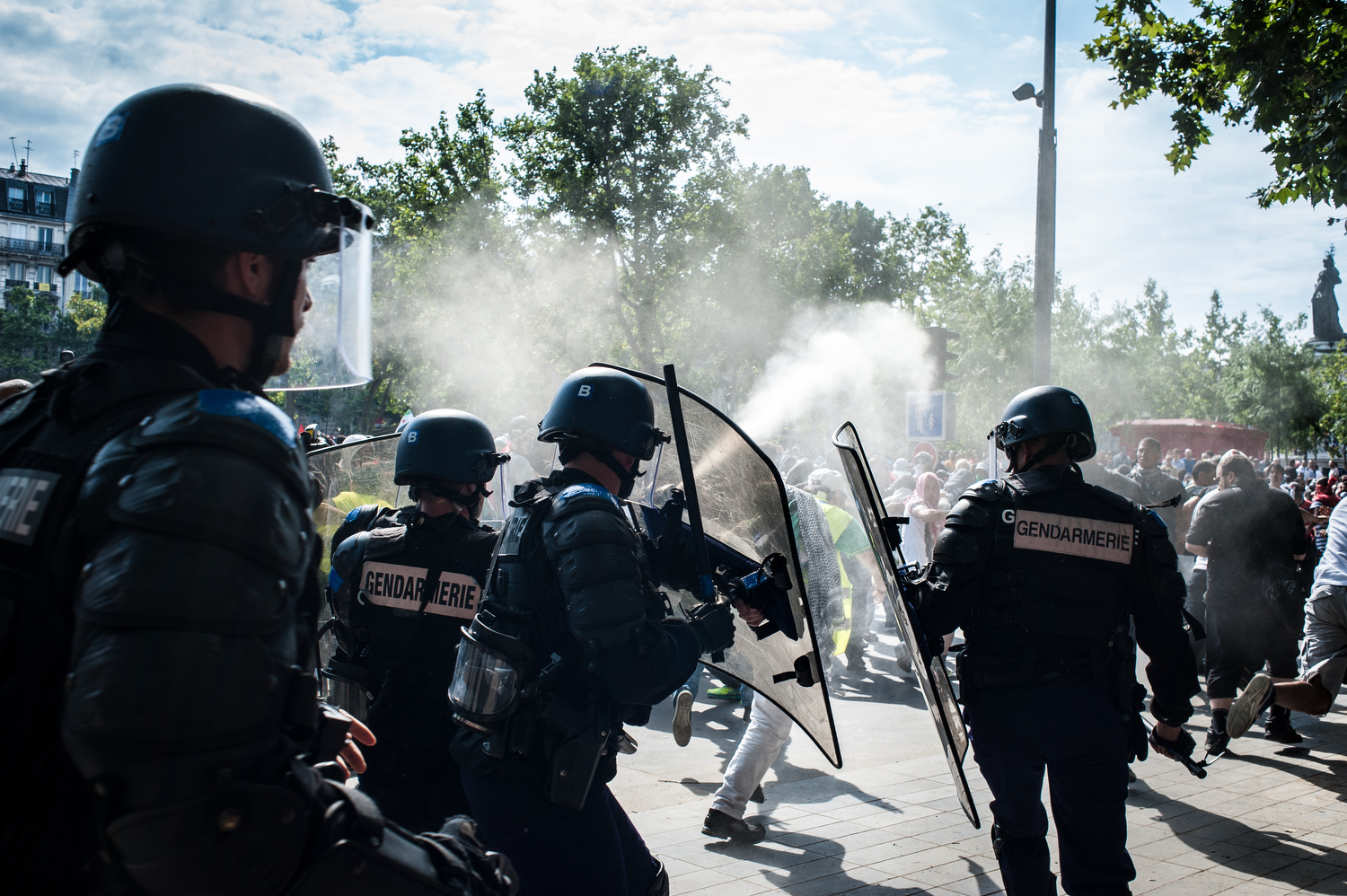  Riot police and gendarmes fire tear gas at protestors during the Pro-Palestinian demonstration. 