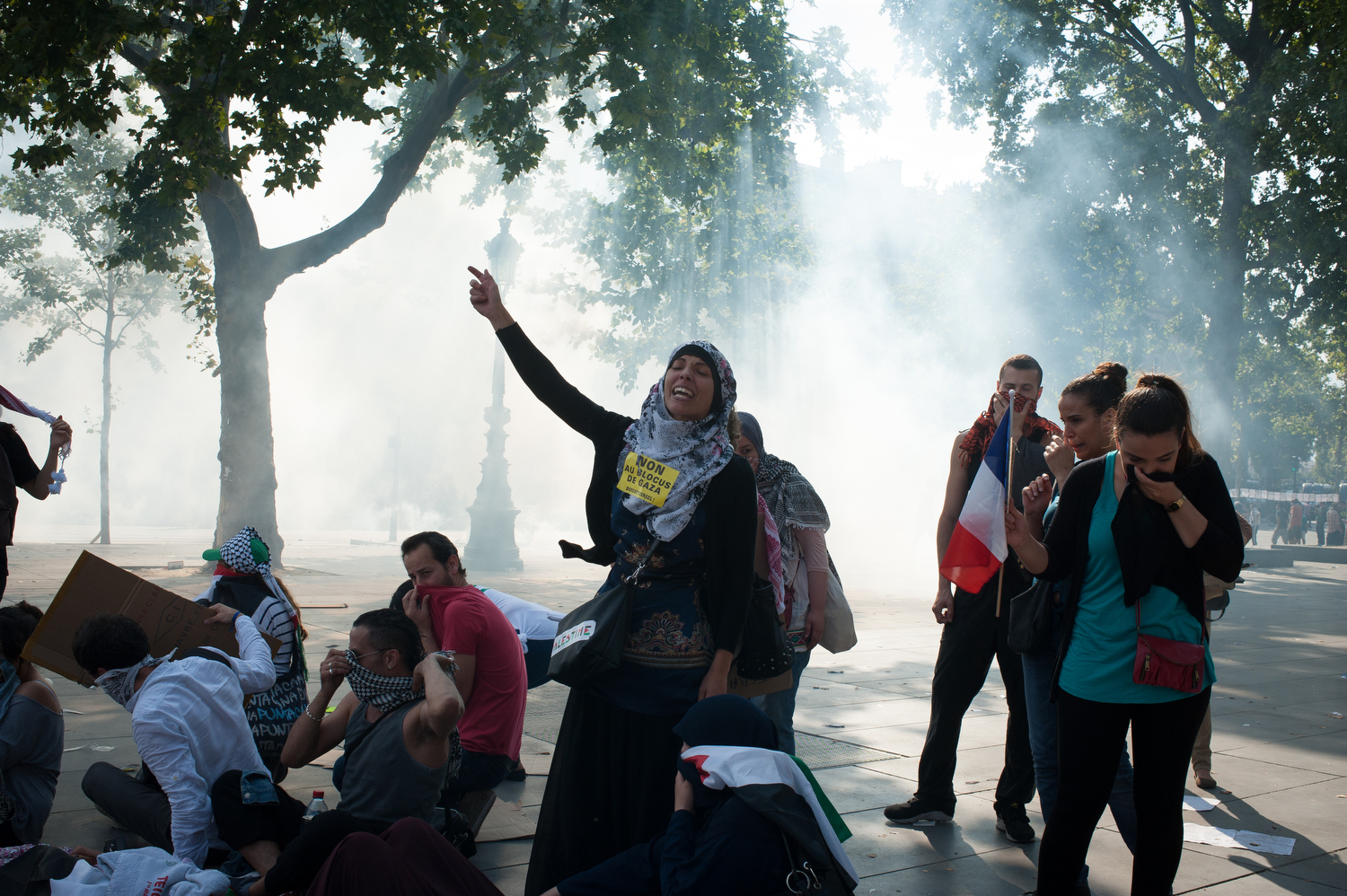  A woman calls for calm and organizes a sit-in amongst heavy tear gas in Place de la Republique. 