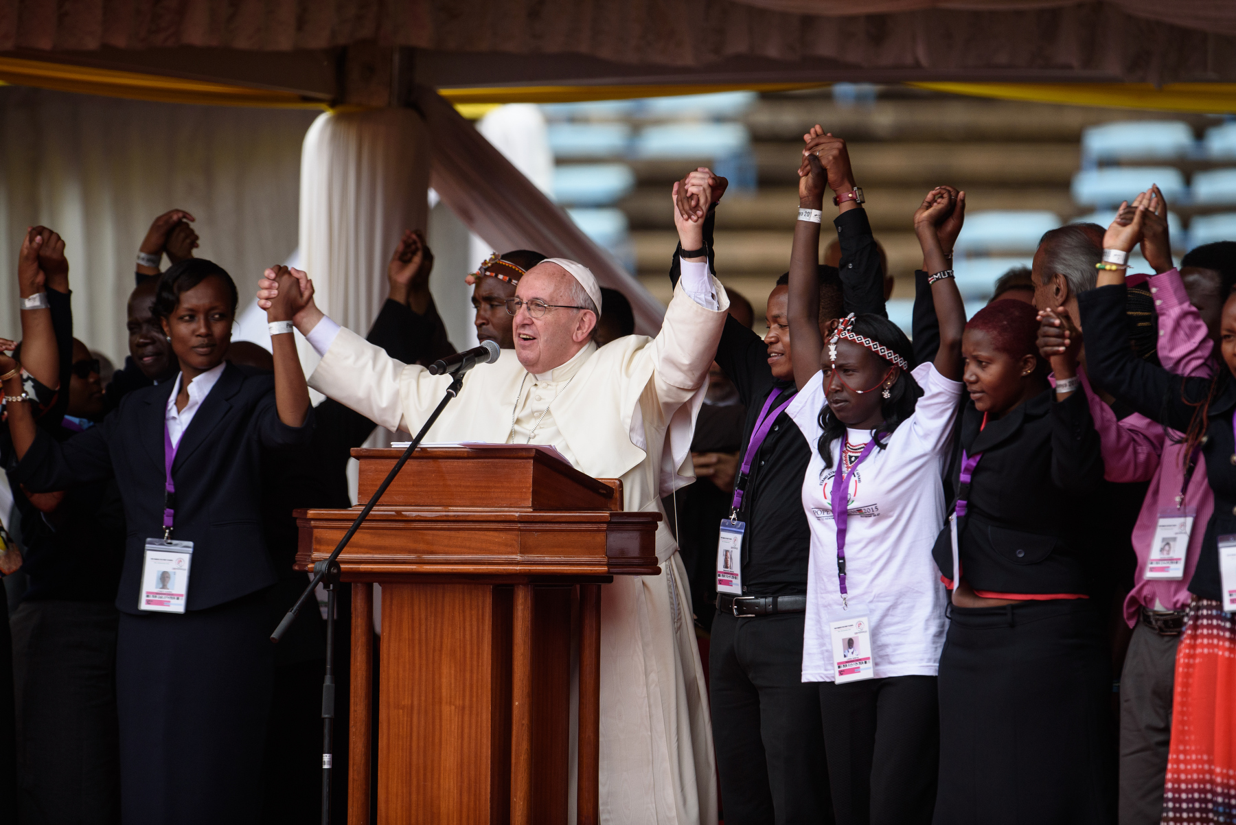  Pope Francis asked East African youth to join hands and avoid tribalism at Kasarani stadium in Nairobi on 27 November 2015. He spoke on the themes of tribalism, radicalization and corruption. Pope Francis is on a five-day visit to Kenya, Uganda and 