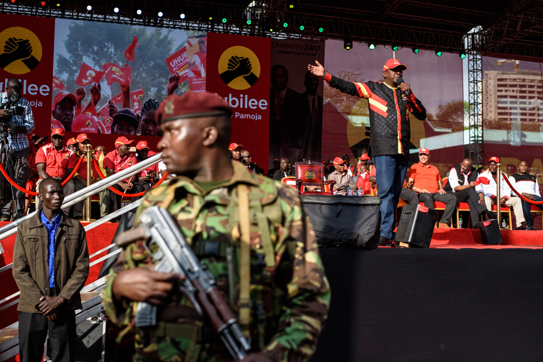  President Uhuru Kenyatta speaks to supporters at a Jubilee rally in Uhuru Park in Nairobi on 4 August 2017. 