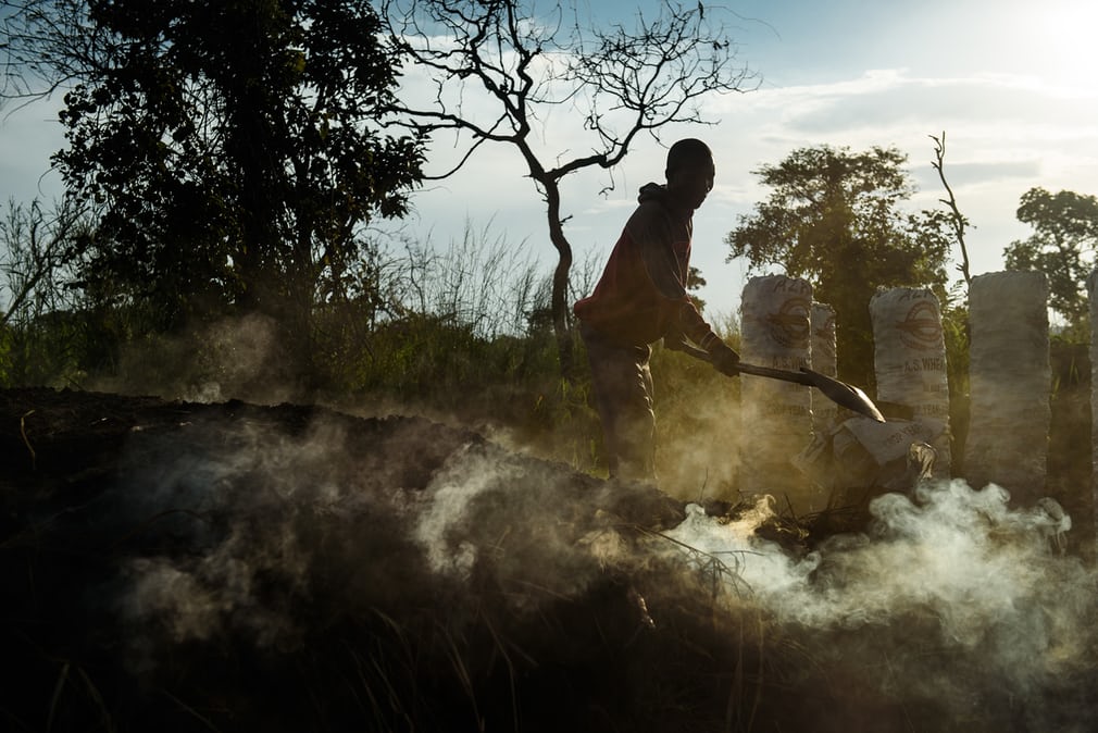  A charcoal burner distributes earth on the charcoal mound. Okello  believes the incentive scheme will be effective. ‘People’s minds are  gonna change because they’ll say, “If I keep this tree for five years,  I’m going to get 5 million from the dist