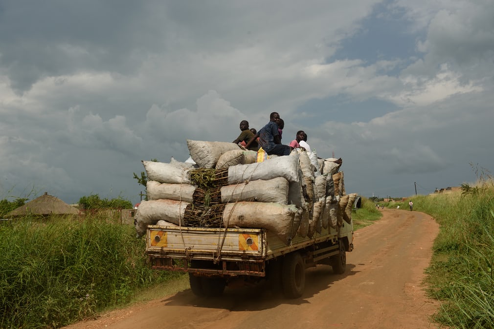  A truck loaded with charcoal heads south from Amuru district toward  Kampala, where companies and restaurants use charcoal for energy.  Transporters need a permit from the district forest officer to burn  charcoal, but it is easy to buy a fake one. 