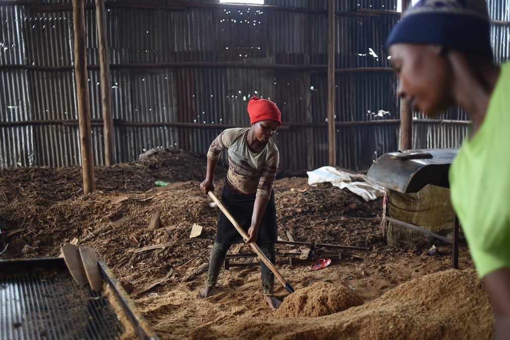  In Kampala, women shovel and sort sawdust (from scrap wood) to make  briquettes, at Jellitone Suppliers. The recycled sawdust is added to  agricultural waste biomass such as coffee leftovers, wheat hulls, and  groundnut husks and then compacted. The