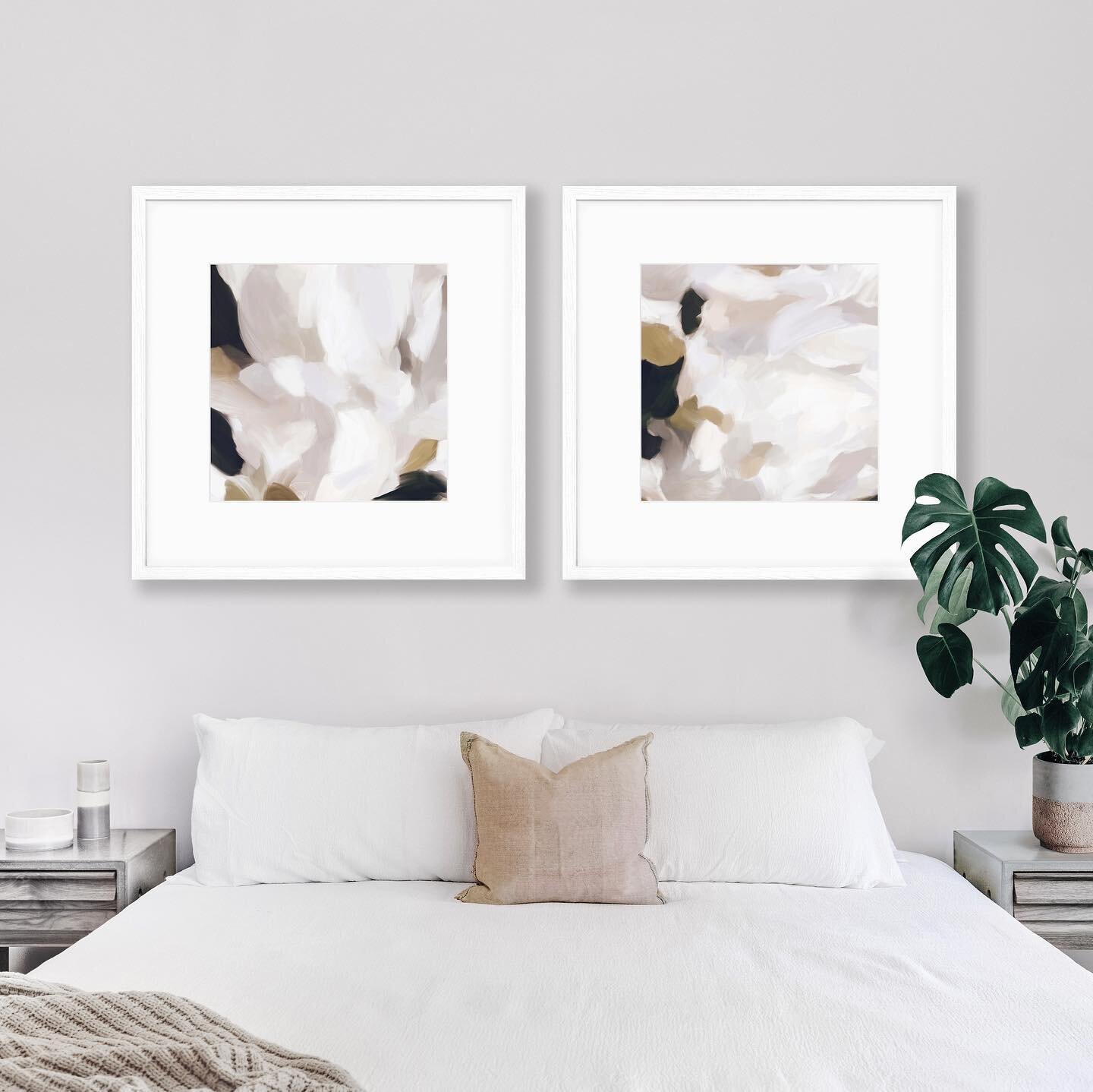 This moody set of prints have seen an increase in popularity lately... I just love the calm energy they add to a space like this 💕. #canadianartist #mintedart #bedroomart #artpair #moodyart