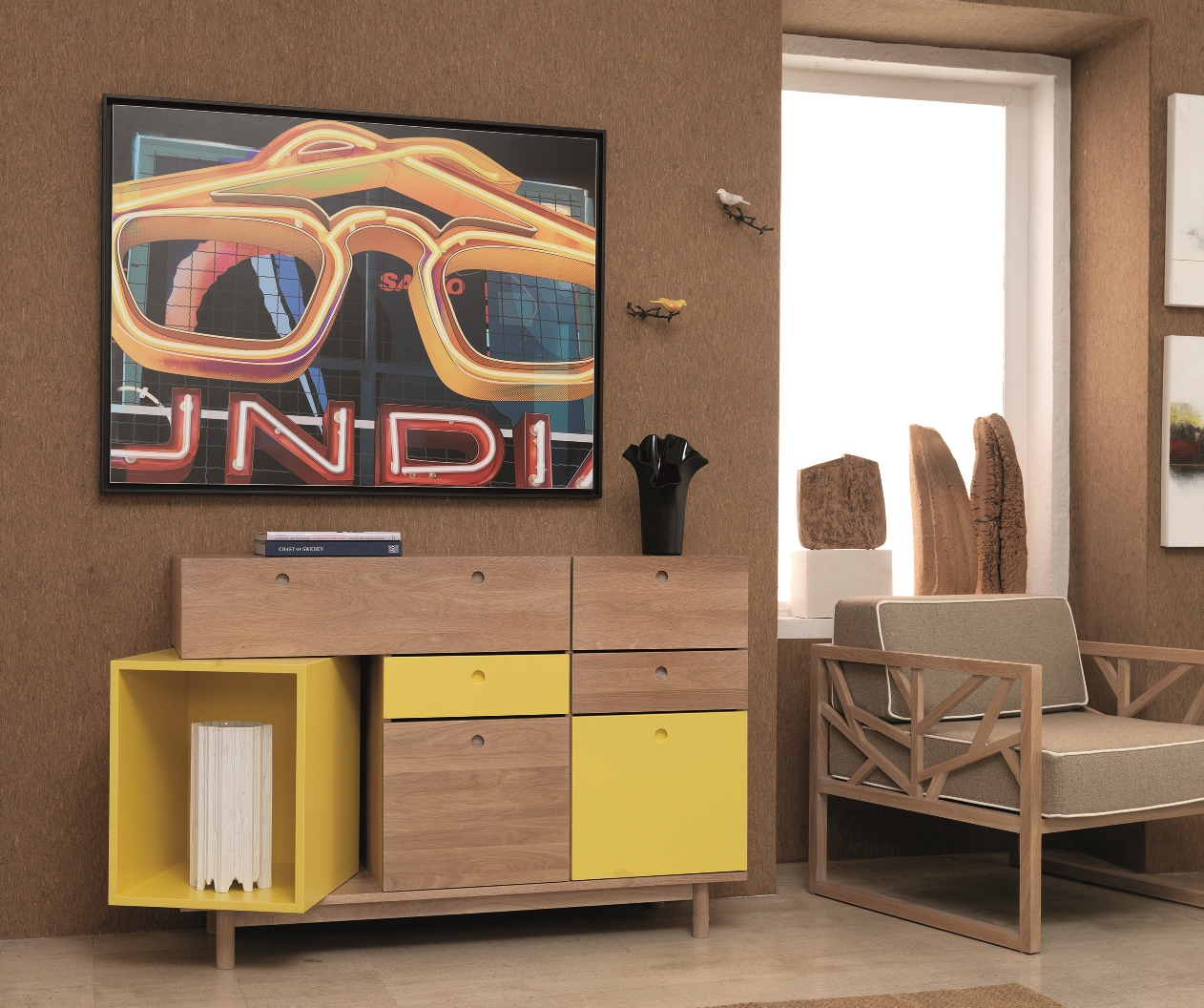 PANDORA sideboard PANDORA is the perfect storage solution and will enhance your living room, through the combination of radiant yellow with the natural oak. The color can be customizable to every ral or pantone color.