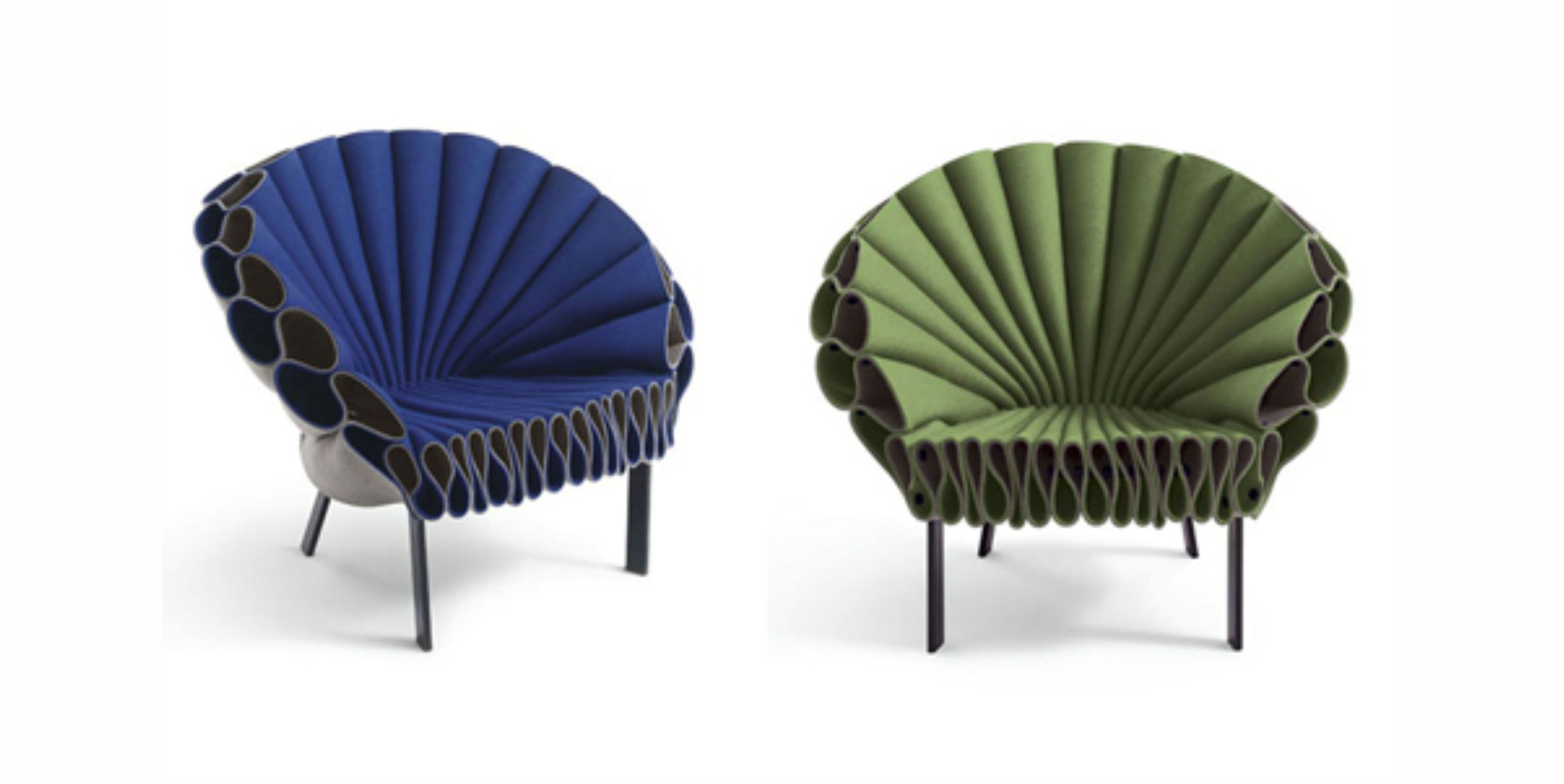 Peacock chair from Cappellini is constructed using three sheets of felt tightly bound together like pages in a book, fanning out to mimic peacock feathers in a three dimensional way.
