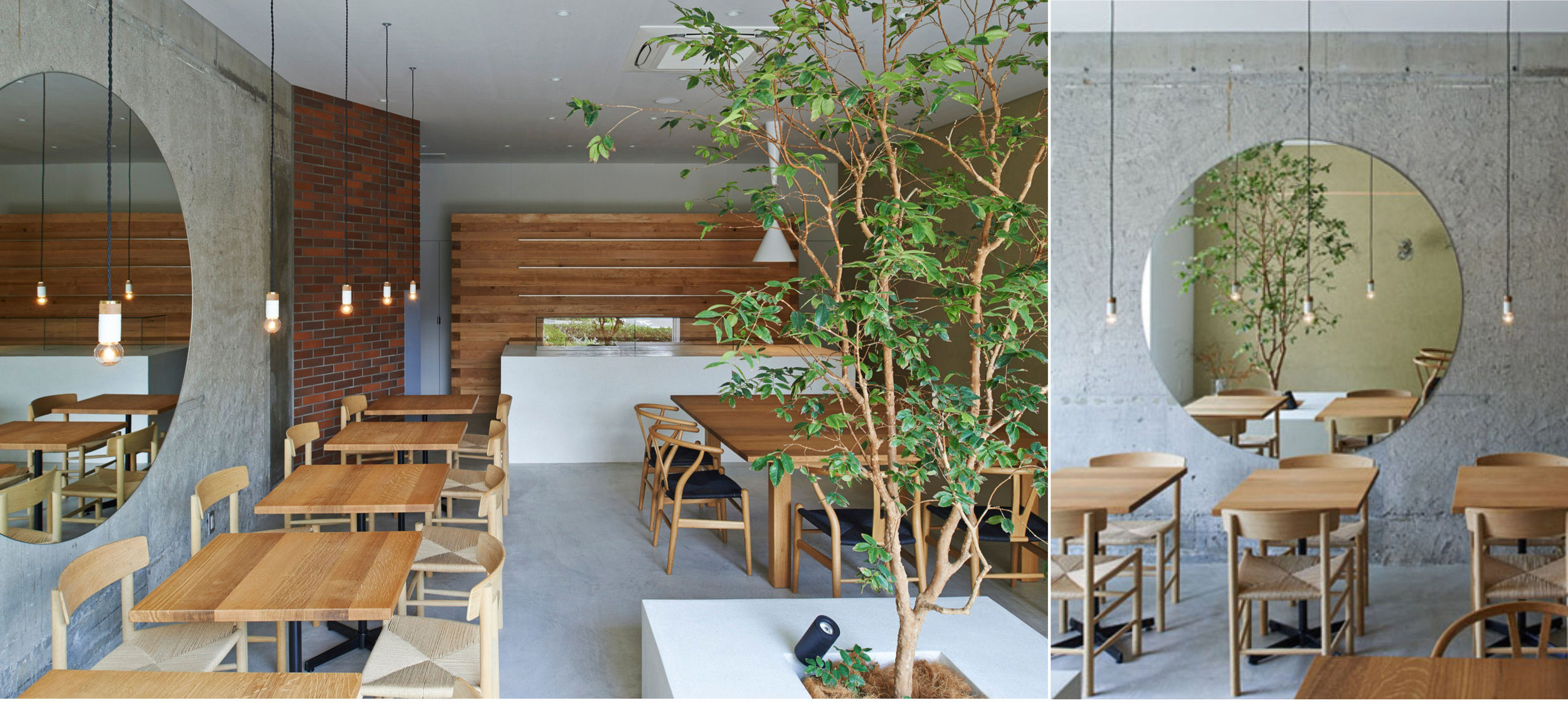 The Japanese studio Ninkipen has designed the interior of Ito-Biyori cafe using a variety of materials to create a simple and warm atmosphere with small trees growing inside.