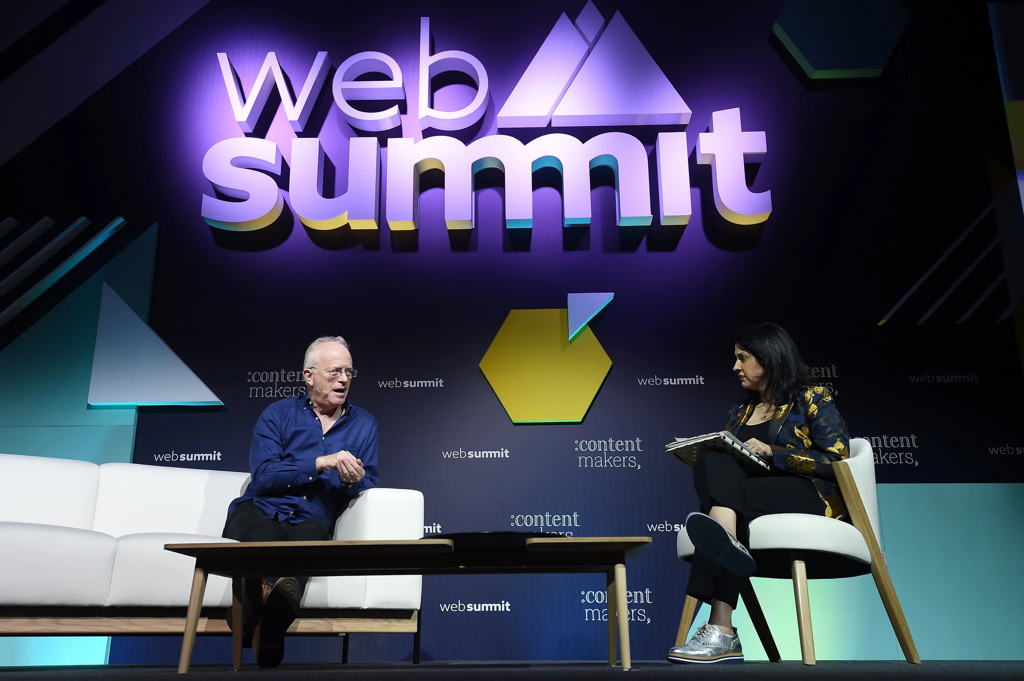 7 November 2018; Mike Gunton, Creative director, Factual, BBC Studios, and Shalini Sharma, Head of Global Video, Thrive Global on the ContentMakers Stage during day two of Web Summit 2018 at the Altice Arena in Lisbon, Portugal. Photo by Eóin Noonan/Web Summit via Sportsfile