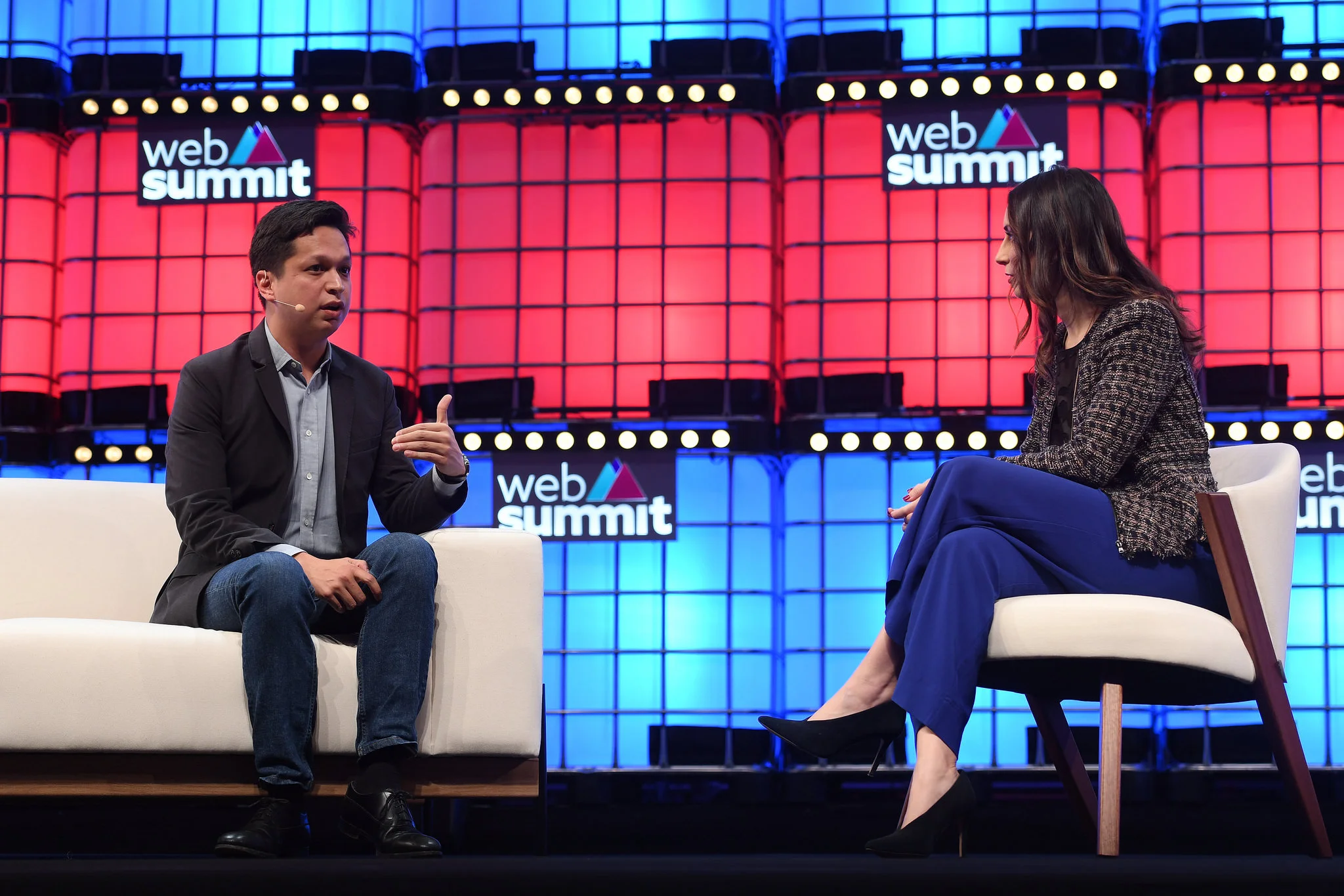 7 November 2018; Ben Silbermann, Pinterest, and Lauren Goode, Wired, on Centre Stage during day two of Web Summit 2018 at the Altice Arena in Lisbon, Portugal. Photo by Eóin Noonan/Web Summit via Sportsfile