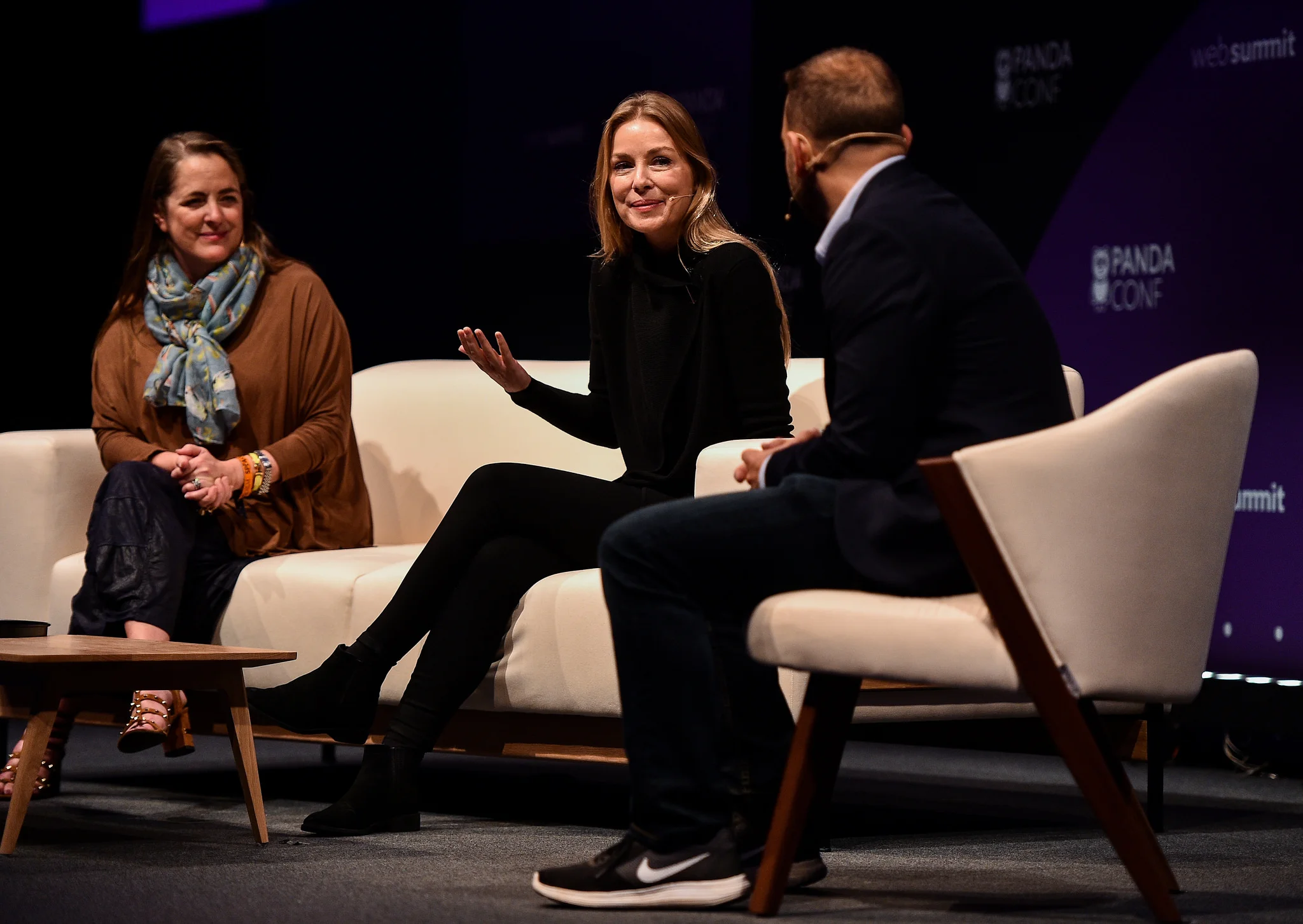 7 November 2018; Speakers, from left, Susan Credle, FCB Global, Sairah Ashman, Wolff Olins, and Alex Kantrowitz, BuzzFeed, on the PANDACONF Stage during day two of Web Summit 2018 at the Altice Arena in Lisbon, Portugal. Photo by Sam Barnes/Web Summit via Sportsfile