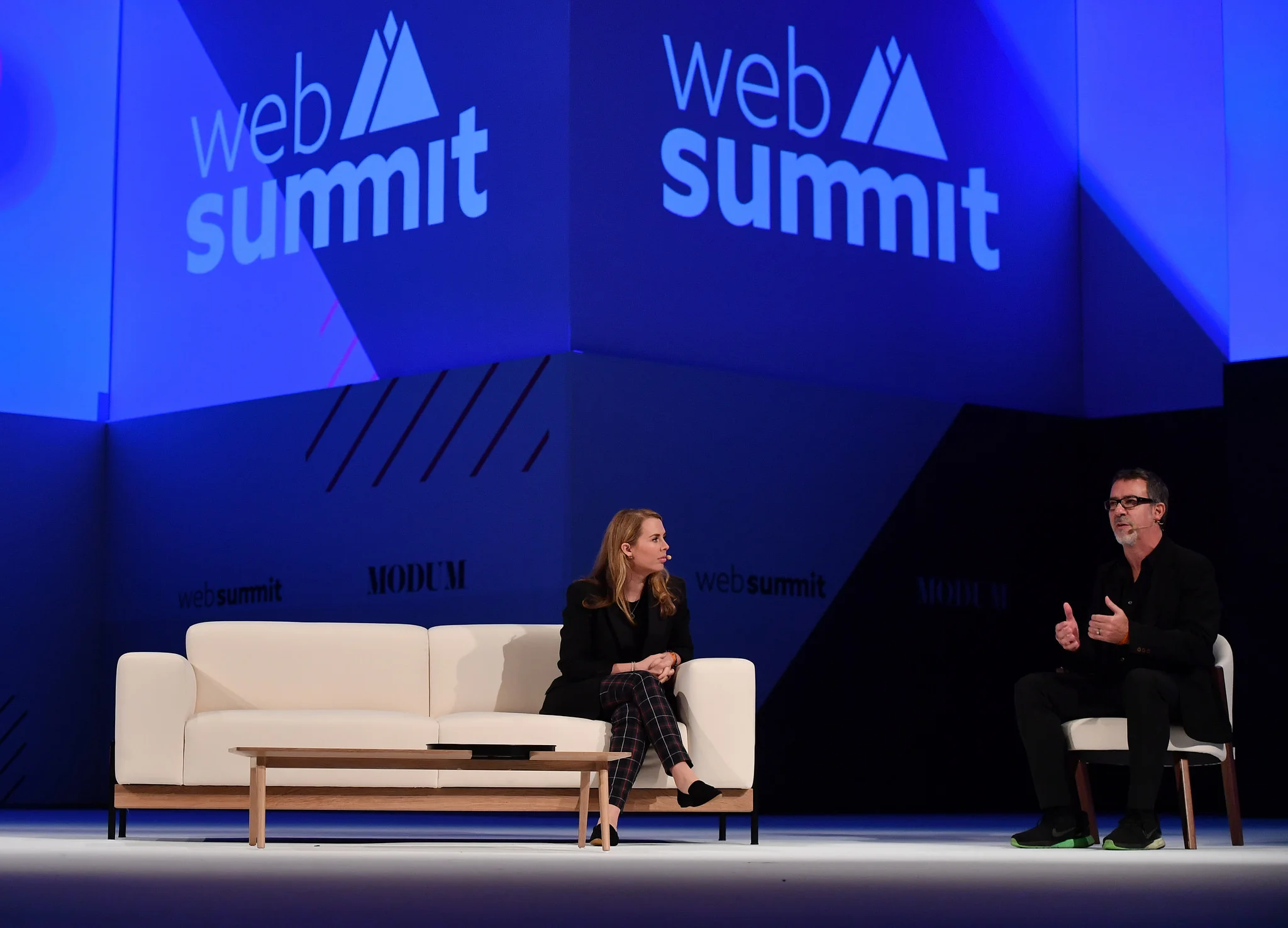 8 November 2018; Rachel Waller, VP Marketing, Digital, Burberry, and Barry Wacksman, EVP, Global Chief Strategy Officer, R/GA, on the Modum Stage during day three of Web Summit 2018 at the Altice Arena in Lisbon, Portugal. Photo by Sam Barnes/Web Summit via Sportsfile