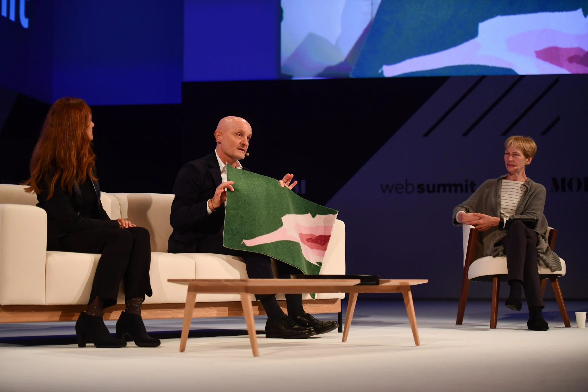 8 November 2018; Speakers, from left, Livia Firth, Founder & Creative, Eco-Age, Giulio Bonazzi, CEO & President, Aquafil, and Isabel Hilton, Founder & Editor, Chinadialogue.net, on Modum Stage during day three of Web Summit 2018 at the Altice Arena in Lisbon, Portugal. Photo by David Fitzgerald/Web Summit via Sportsfile