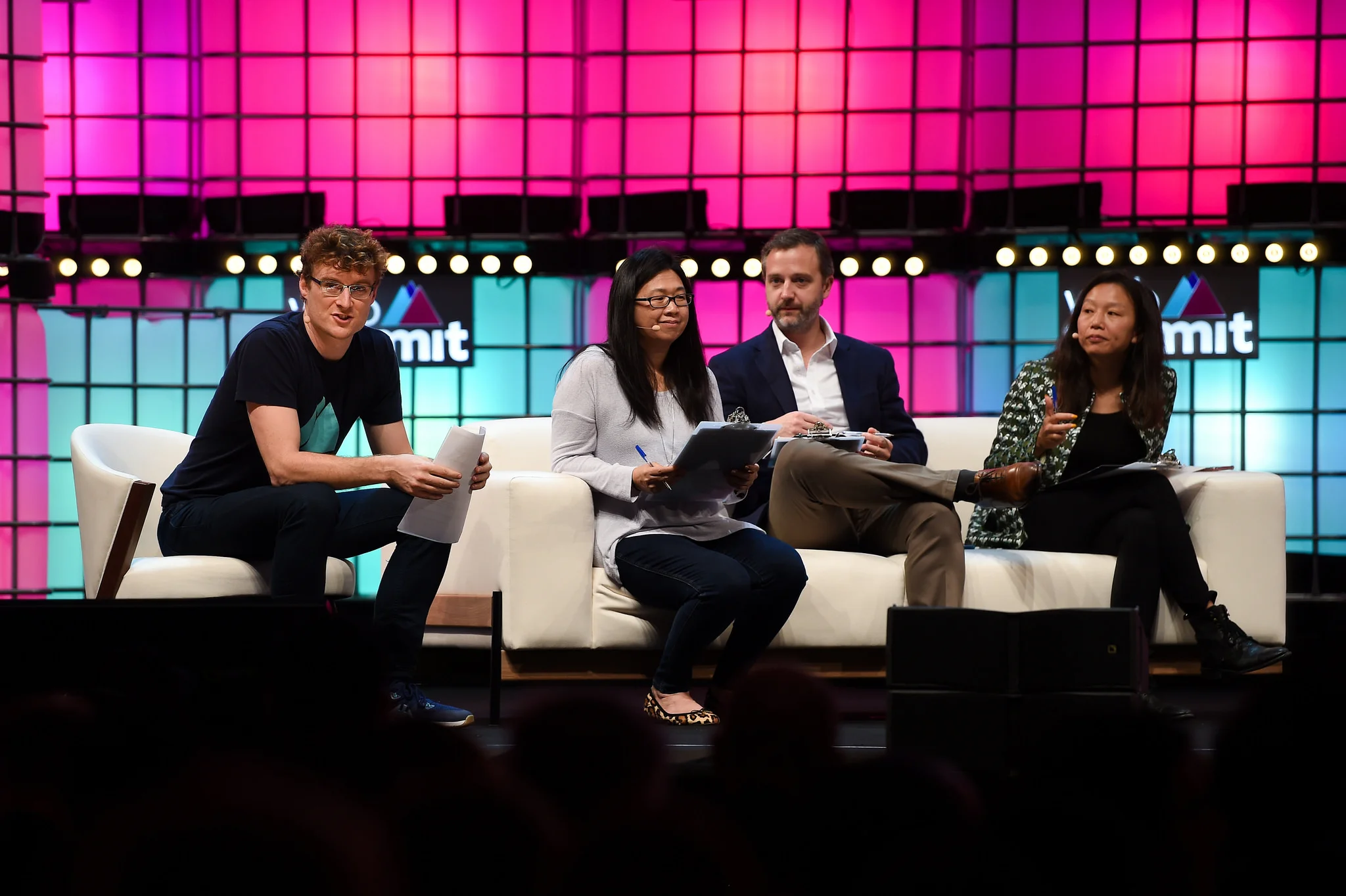 8 November 2018; From left, Paddy Cosgrave, CEO, Web Summit, Holly Liu, Visitng Partner, Y Combinator, Tom Stafford, Managing Partner, DST Global, and Bedy Yang, Managing Partner, 500 Startups, judging the Pitch Final on Centre Stage during day three of Web Summit 2018 at the Altice Arena in Lisbon, Portugal. Photo by Diarmuid Greene/Web Summit via Sportsfile