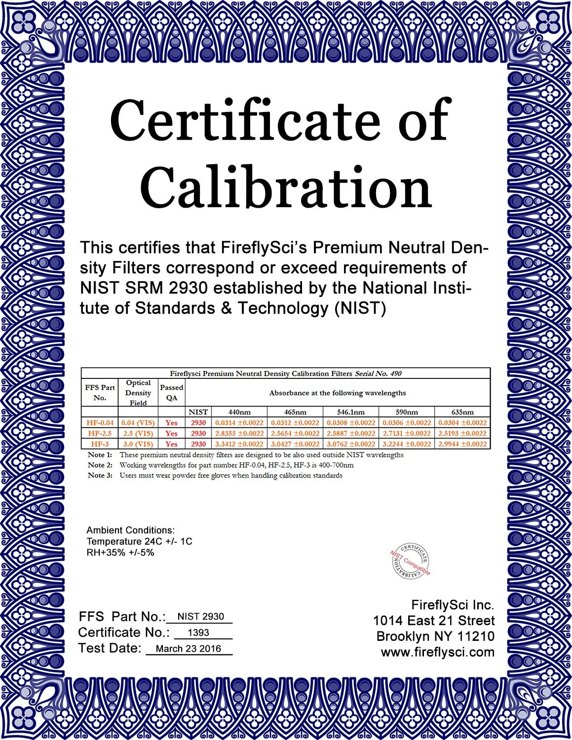 Sample NIST-2930 Certificate of Calibration
