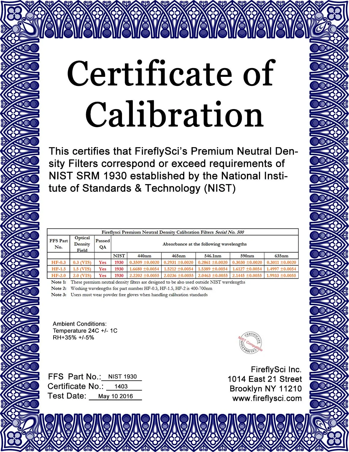 Sample NIST-1930 kit certificate of calibration