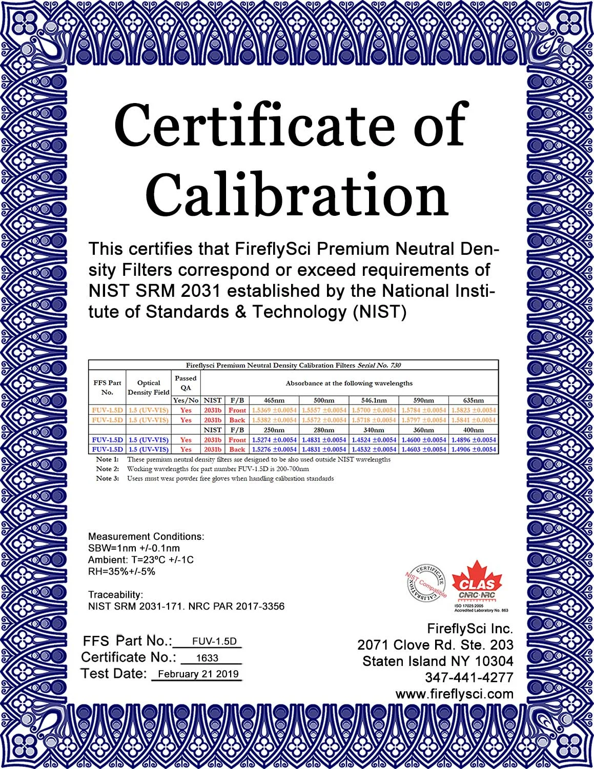 Sample FUV-1.5D Certificate of Calibration