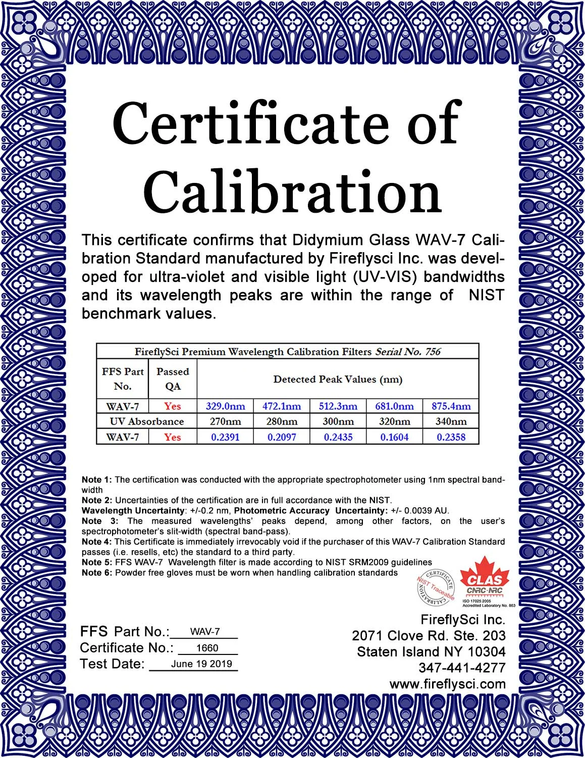 WAV7 UV/VIS Wavelength & UV Didymium Photometric Accuracy Standard