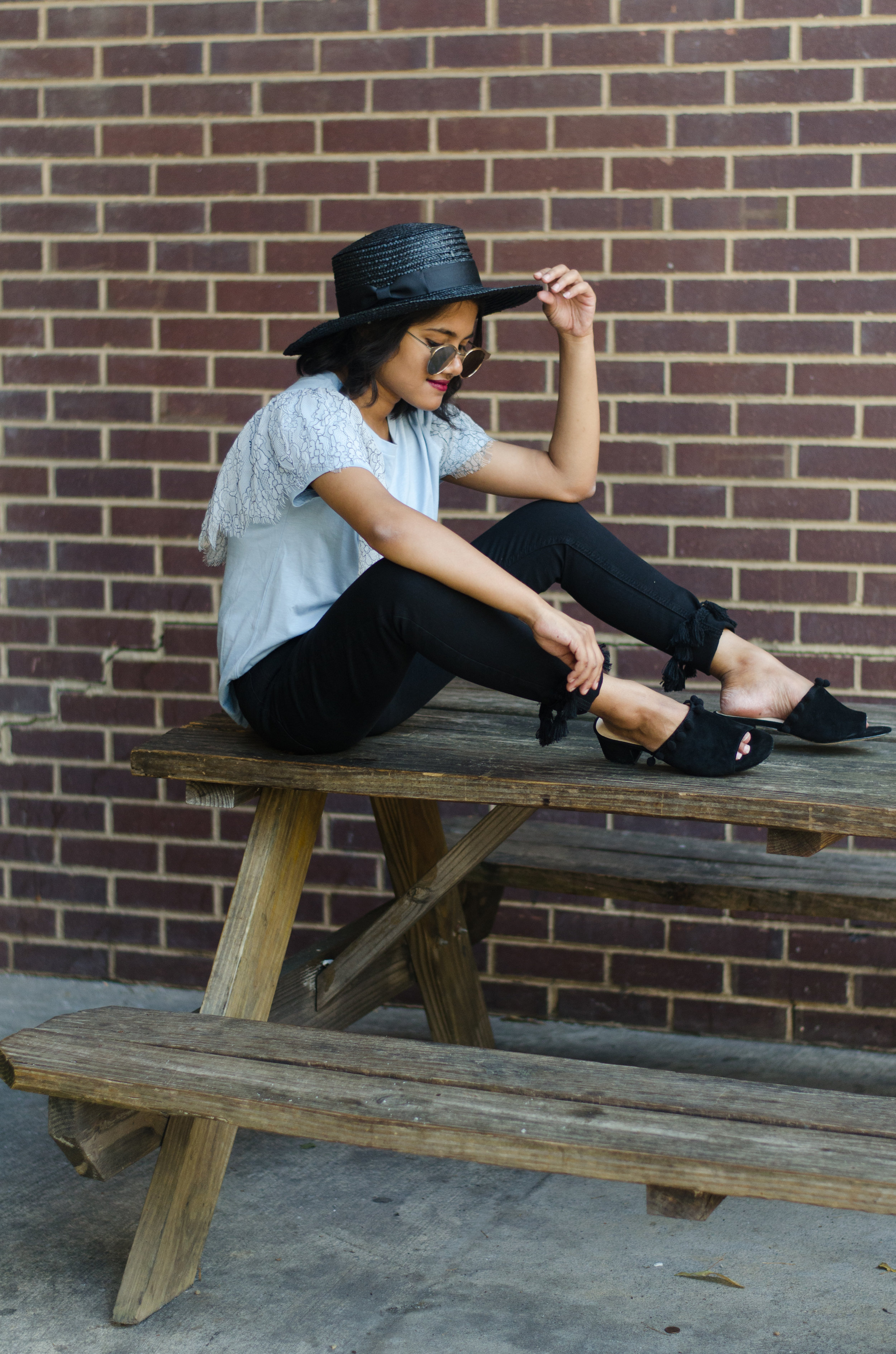 Topshop Lace Ruffle Shirt Paired With Tassel Hem Petite Jamie Jeans, Lack of Color Spencer Noir Hat and Raye Camille Pom Pom Mules