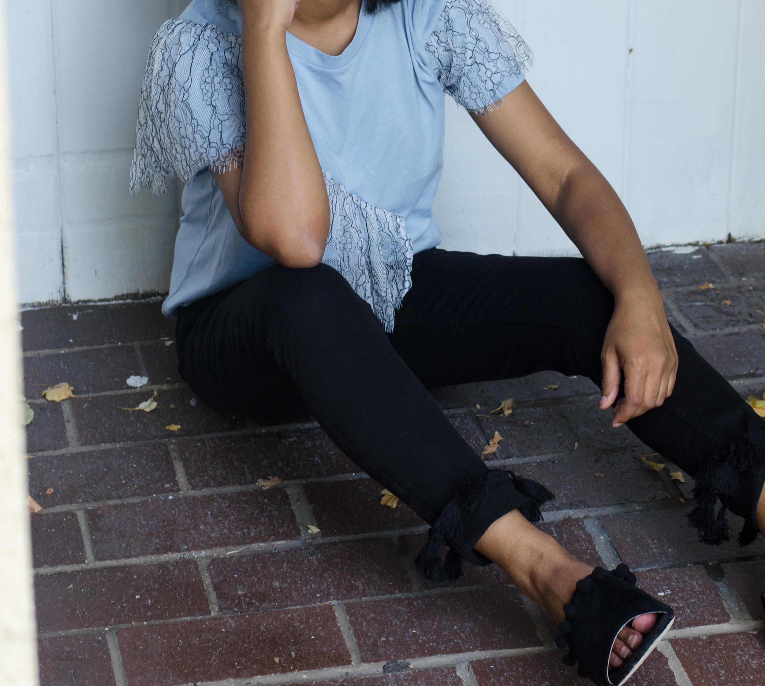 Topshop Lace Ruffle Shirt Paired With Tassel Hem Petite Jamie Jeans, Lack of Color Spencer Noir Hat and Raye Camille Pom Pom Mules