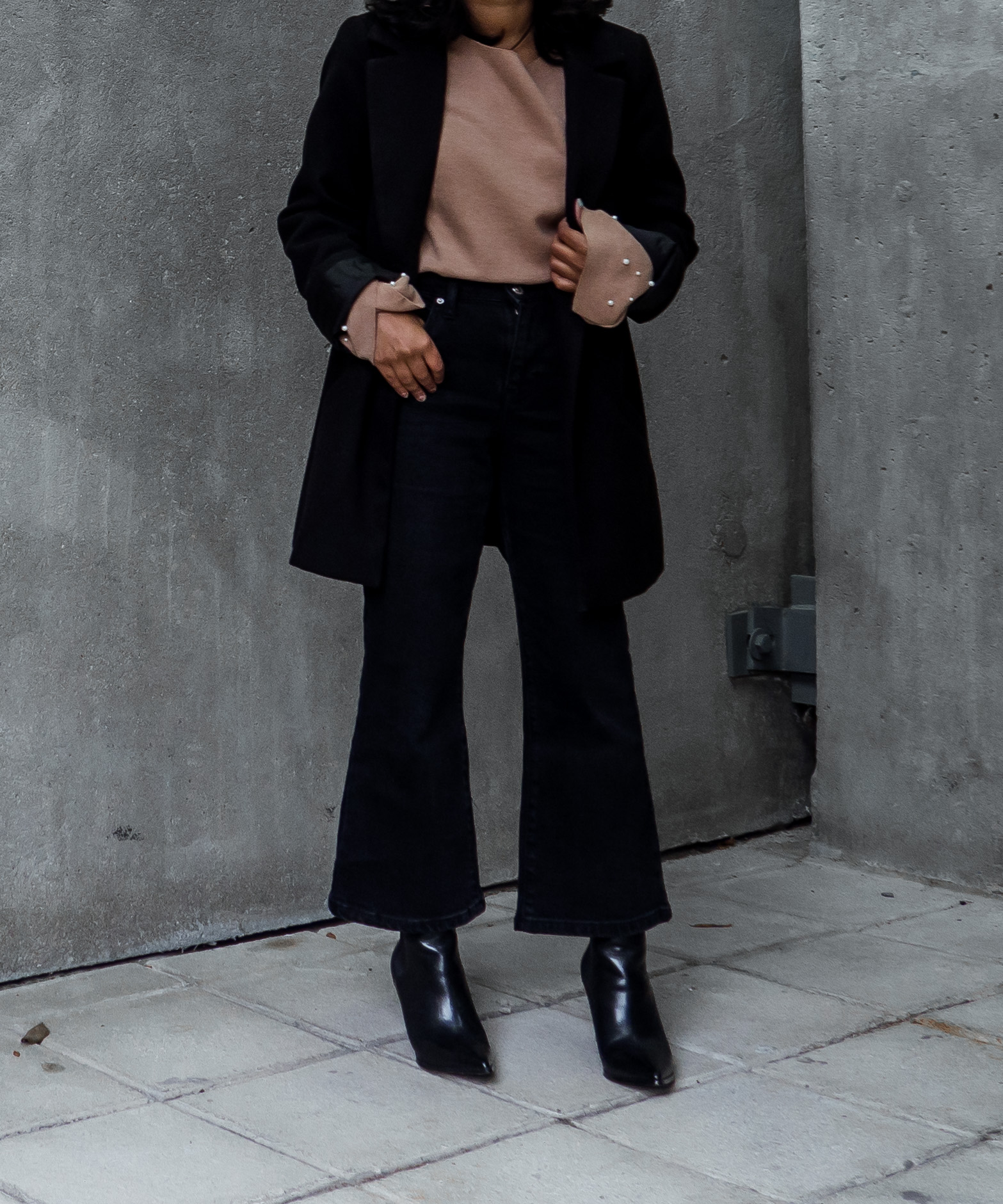 Topshop Petite Kick Flares & Asos Petite Coat with Zara Pearl Camel Sweater and Kendall + Kylie Finley Boots