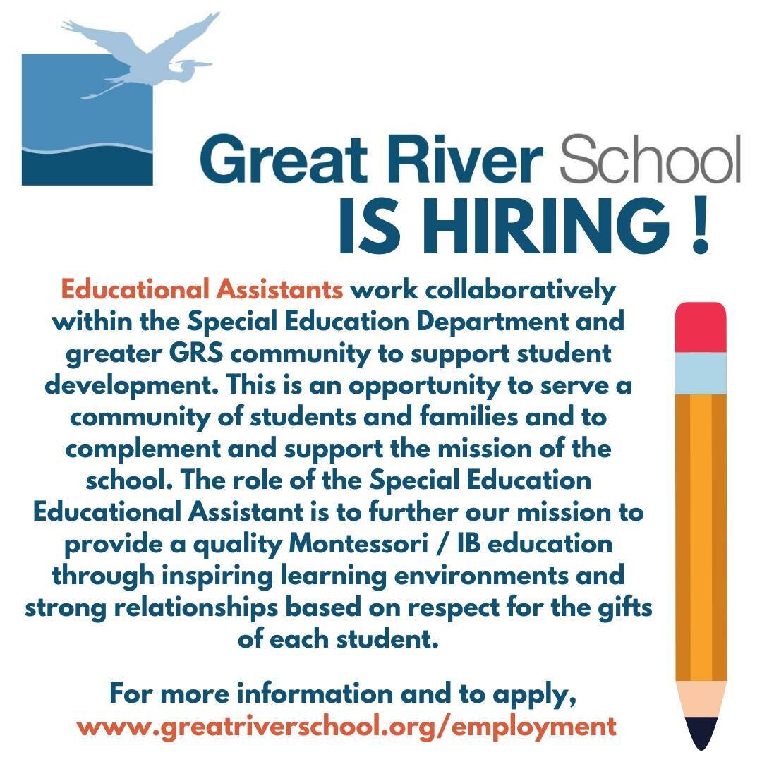 Looking for a job in education? Great River is hiring educational assistants across all levels. We've had many alums return to Great River in this capacity and would encourage anyone interested to apply! 

To see more information on the EA role and t