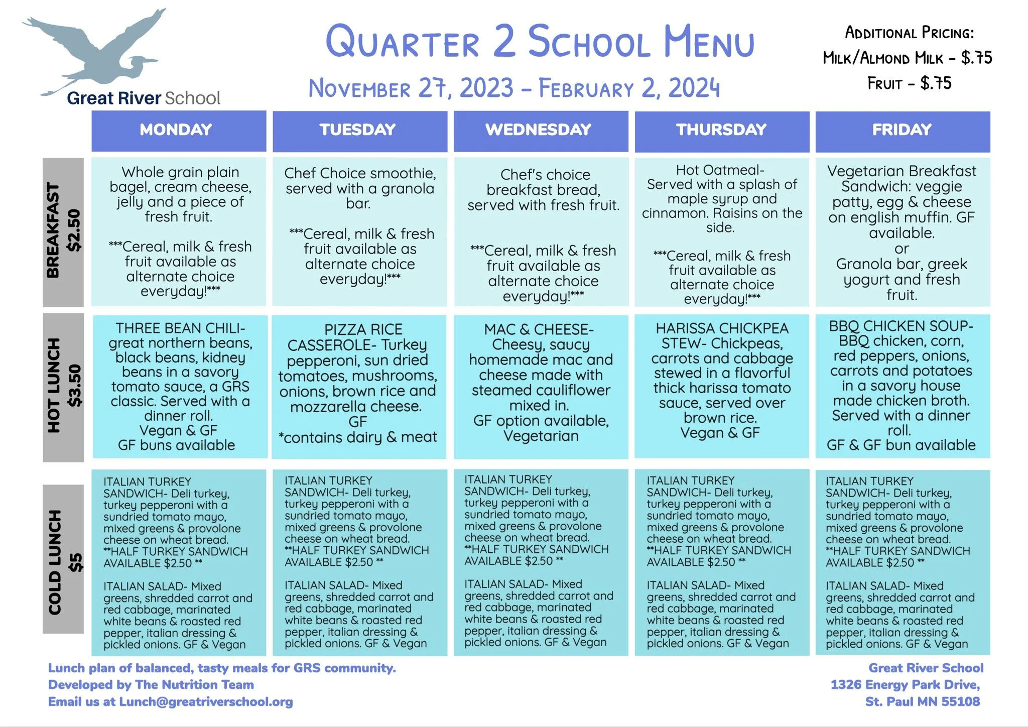 Gr R School Menu Nutrition — Great River School