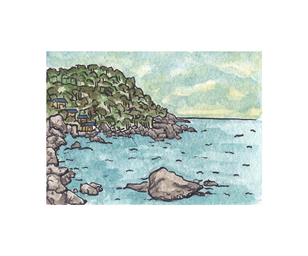 Hin Wong Bay, Thailand . Watercolor and pen. 2017.