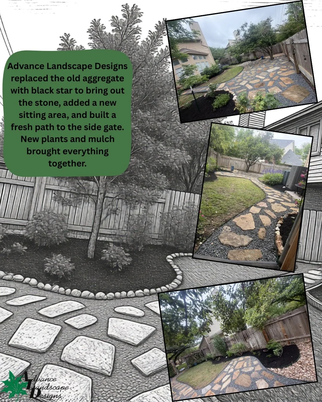 Advance Landscape Designs replaced the old aggregate with black star to bring out the stone, added a new sitting area, and built a fresh path to the side gate. New plants and mulch brought everything together.

📞512-918-8009

#austin #texas #homeimp